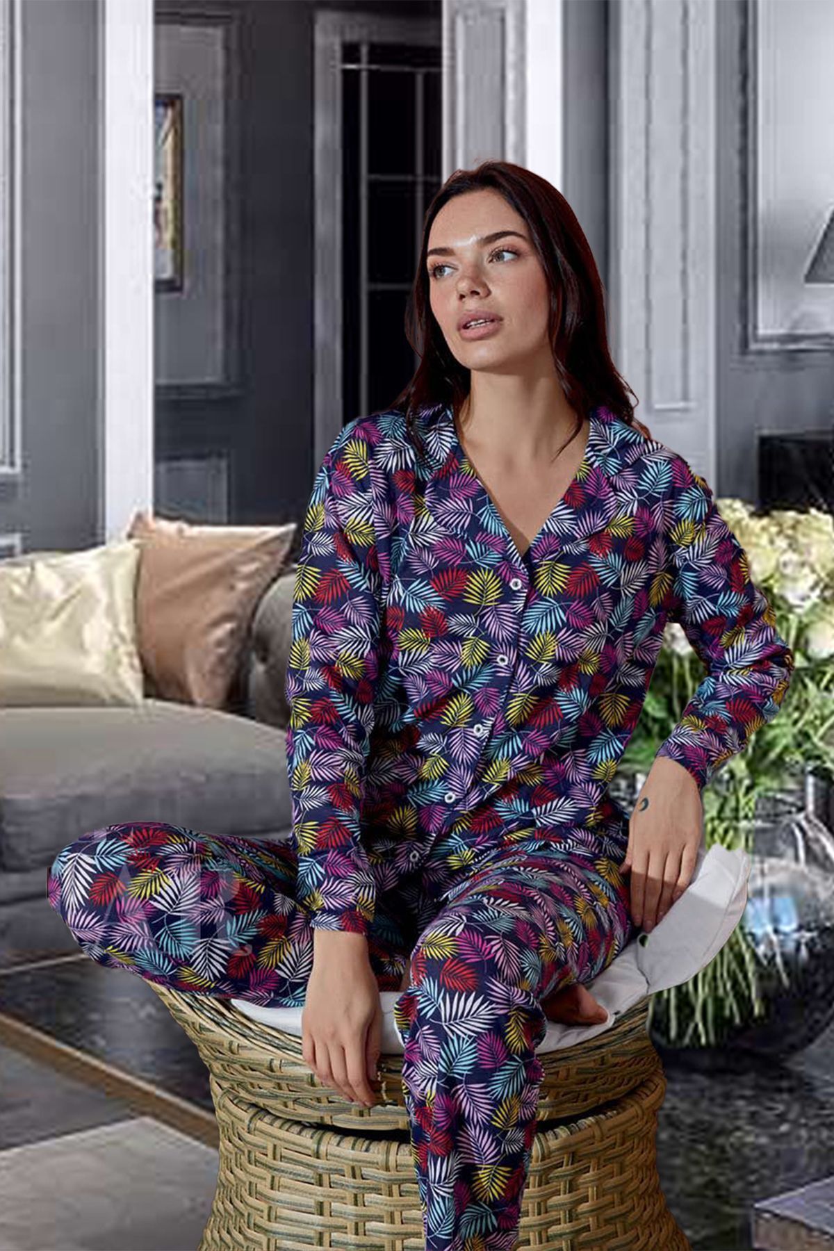 ELİTOL Kadın %100 Pamuk Boydan Düğmeli Pijama Takımı