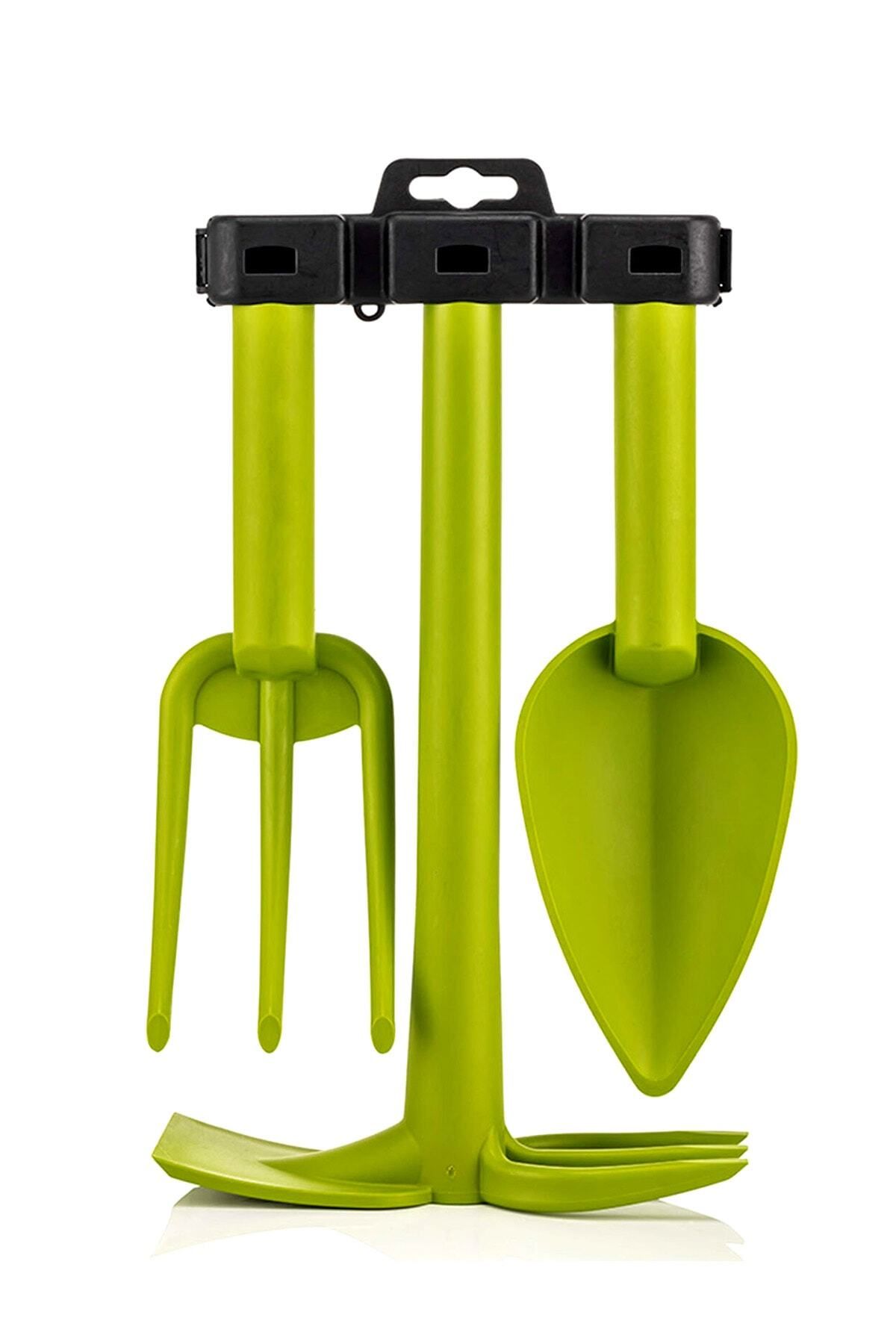 ToXA Bahçıvan Seti Yeşil Kürek Tırmık Çapa Set Askı Aparatlı Plastik Bahçe Saksı Toprak Kum El Aleti