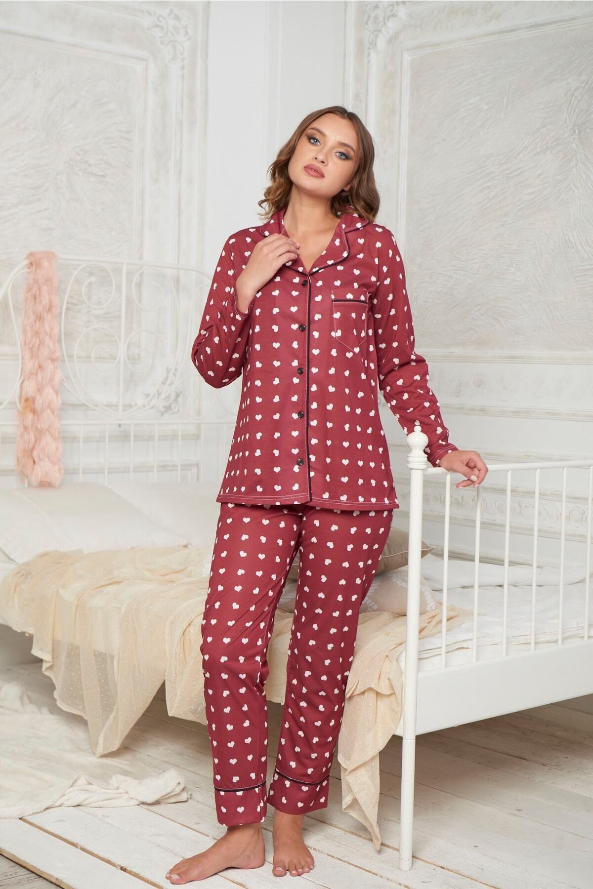 MyBen Kadın Bordo Renkli Pamuklu Likralı Düğmeli Kalpli Biyeli Pijama Takımı 10097
