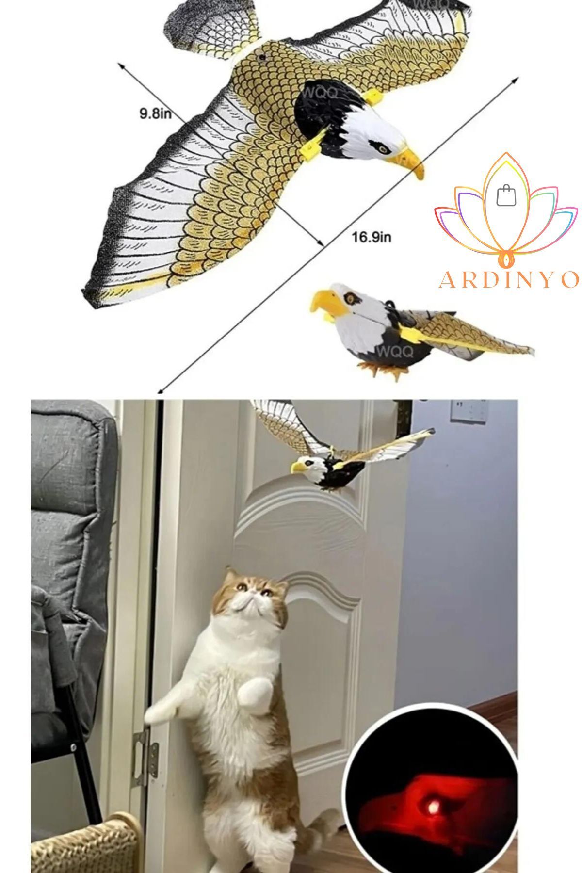 Ardinyo Işıklı Hareketli Sesli Uçan Kartal Kedi Oyuncağı, Sabitlenebilir İnteraktif Kuş Kedi Oyuncağı
