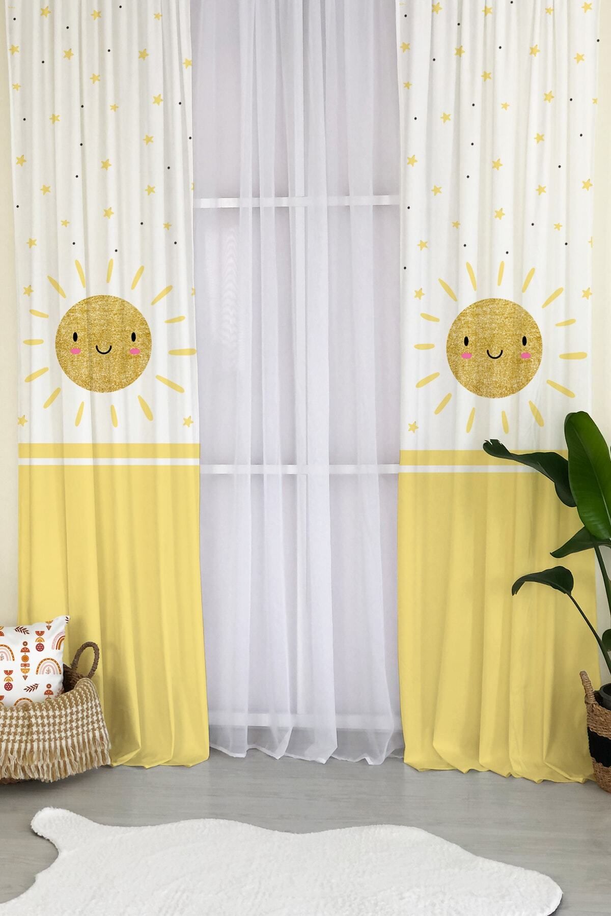 milroma Güneş Desenli Çocuk Odası Fon Perde-sarı