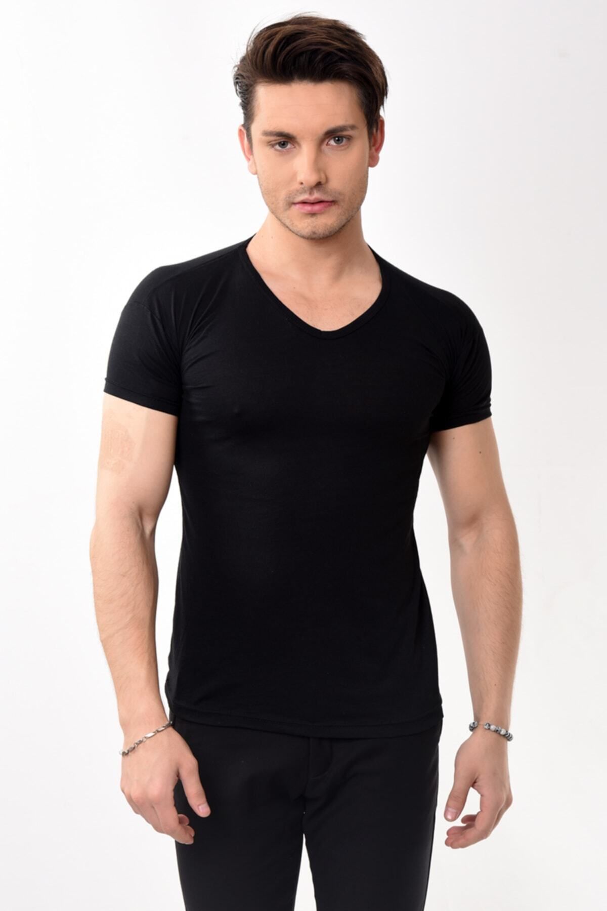 Belifanti Collection V Yaka Basic Slim Fit Erkek Tişört T-shirt Bordo