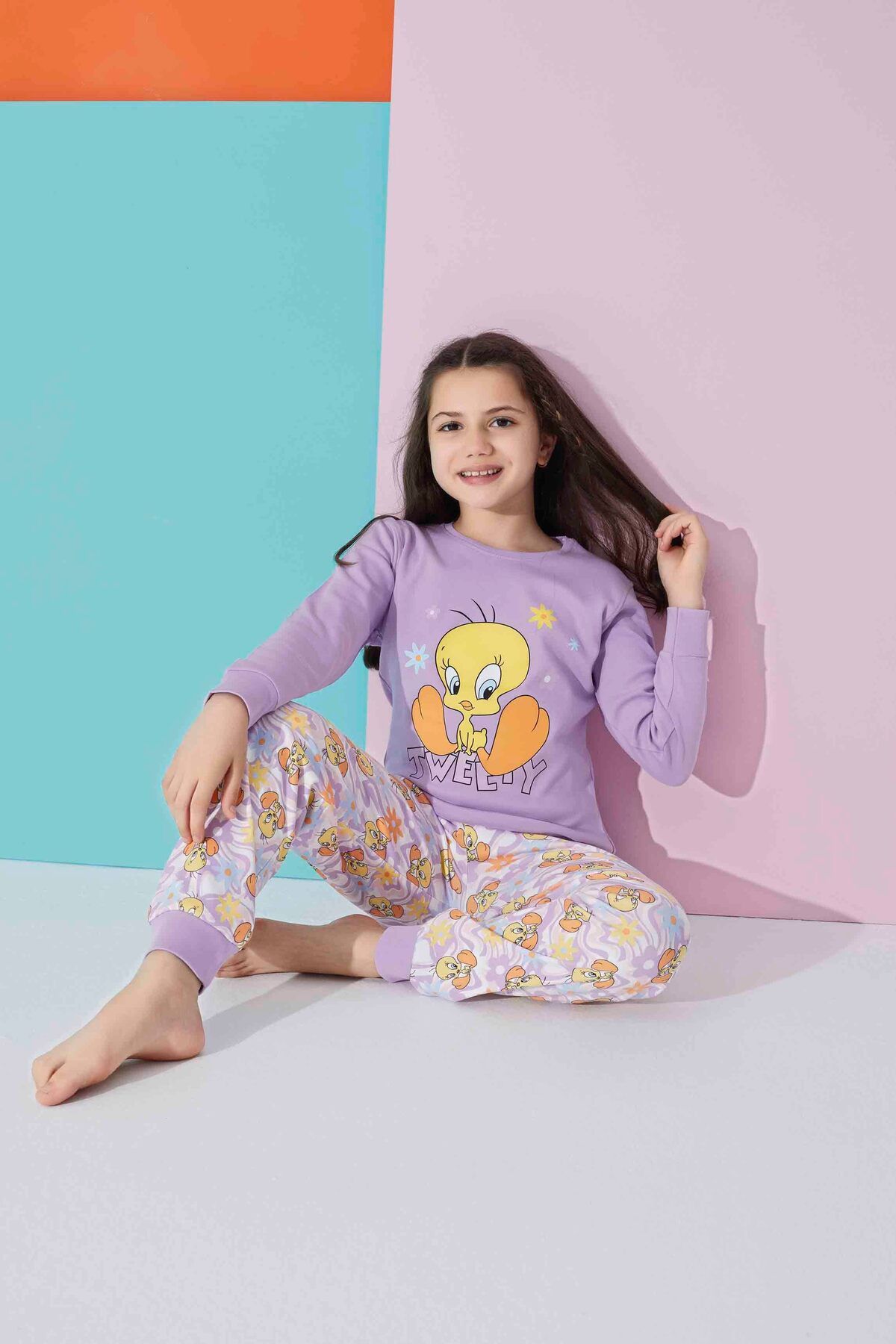 Meba Kız Çocuk Garson Boy Uzun Kollu Mevsimlik İnterlok Tweety Pijama Takımı