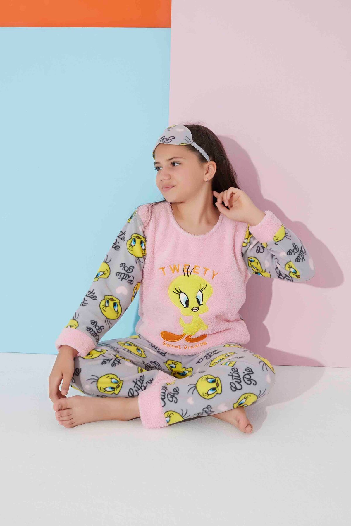 Tarık Kız Çocuk Boy Pembe Tweety Polar Pijama Takımı Uyku Bandı Hediyeli
