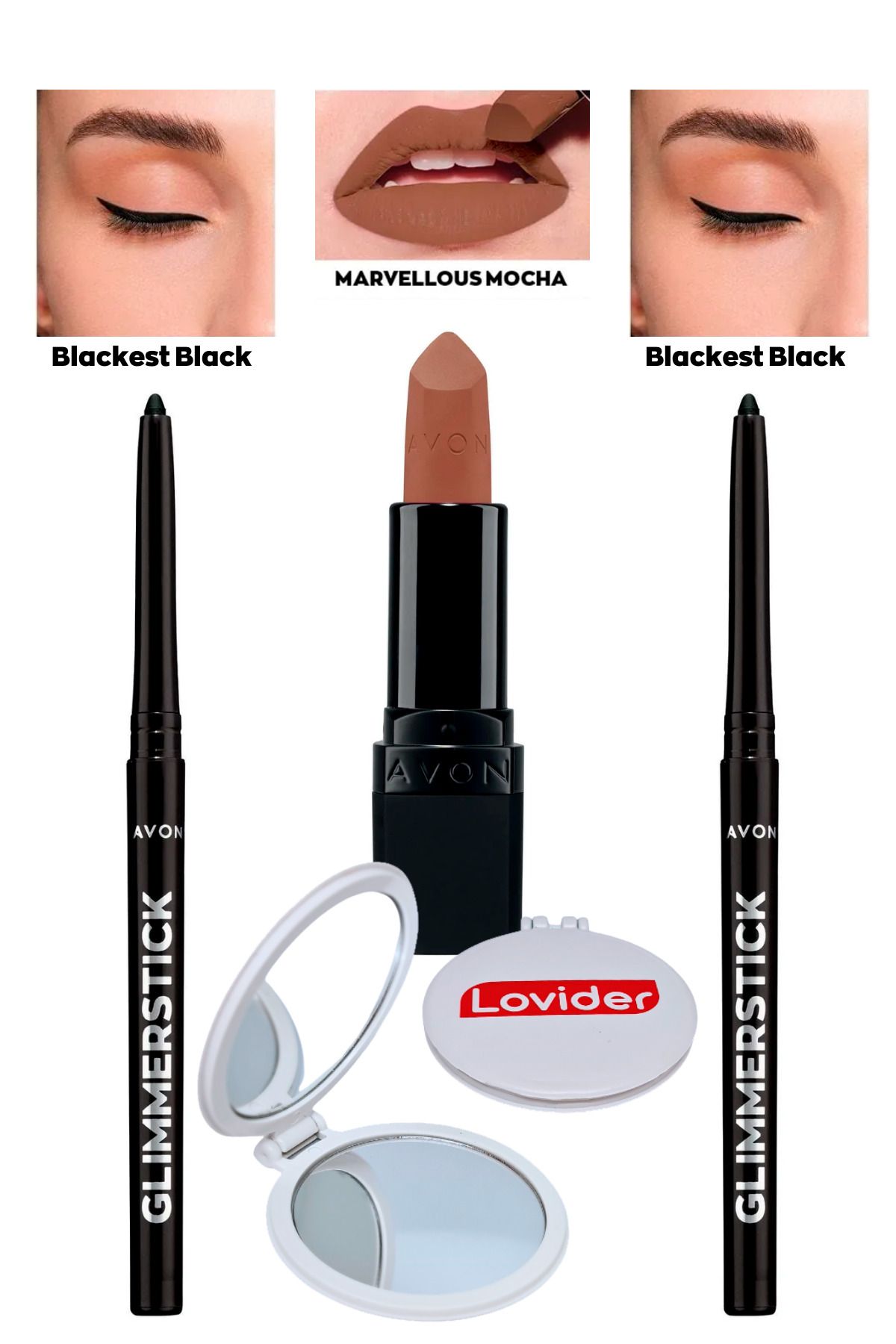 Avon Glimmerstick Asansörlü Göz Kalemi Siyah 2 Adet + Mat Ruj Marvellous Mocha + Lovider Cep Aynası