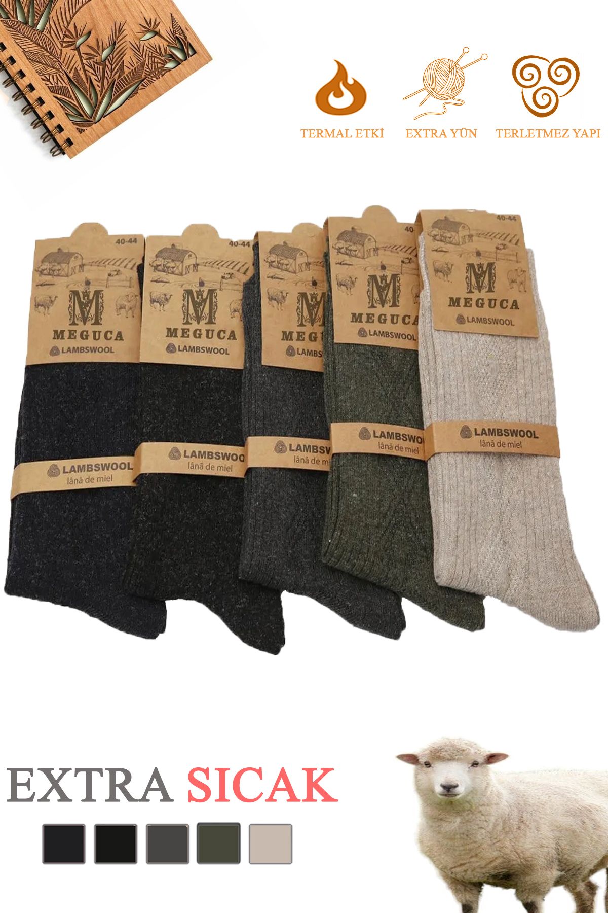 Meguca Socks Erkek Ve Kadın Kışlık Ekstra Sıcak Lambswool Yün Çorap Seti 5 Çift