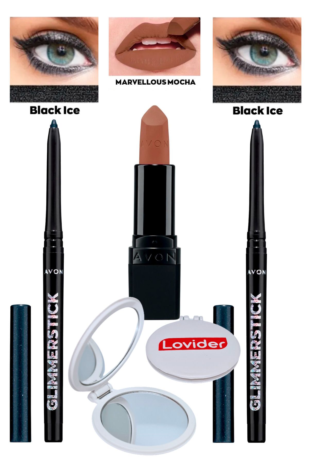 Avon Asansörlü Göz Kalemi Pırıltılı Siyah Black Ice 2'li + Mat Ruj Marvellous Mocha + Lovider Cep Aynası