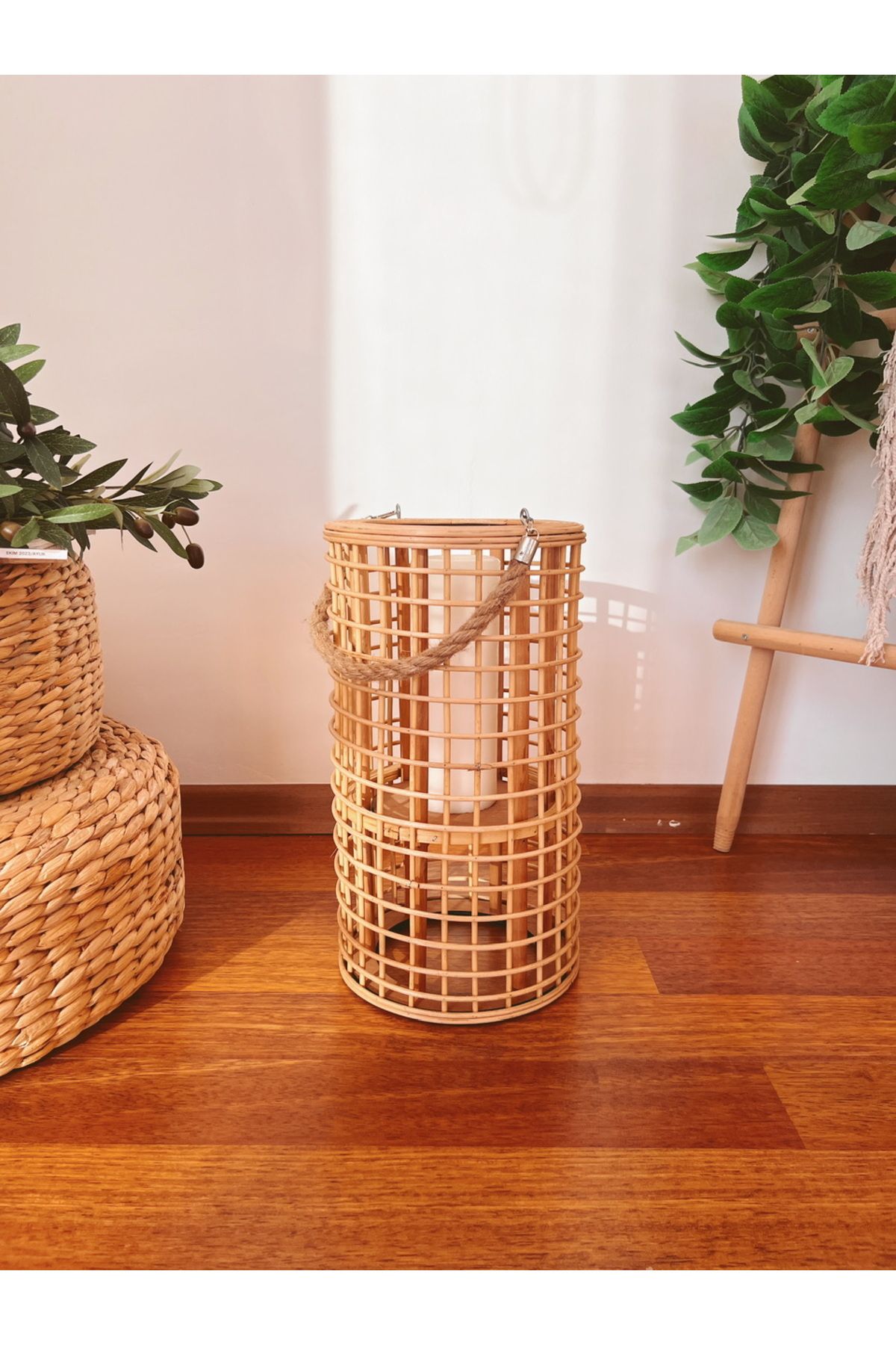 KaiHome Dekoratif Bambu Rattan Halatlı Fener Mumluk Küçük