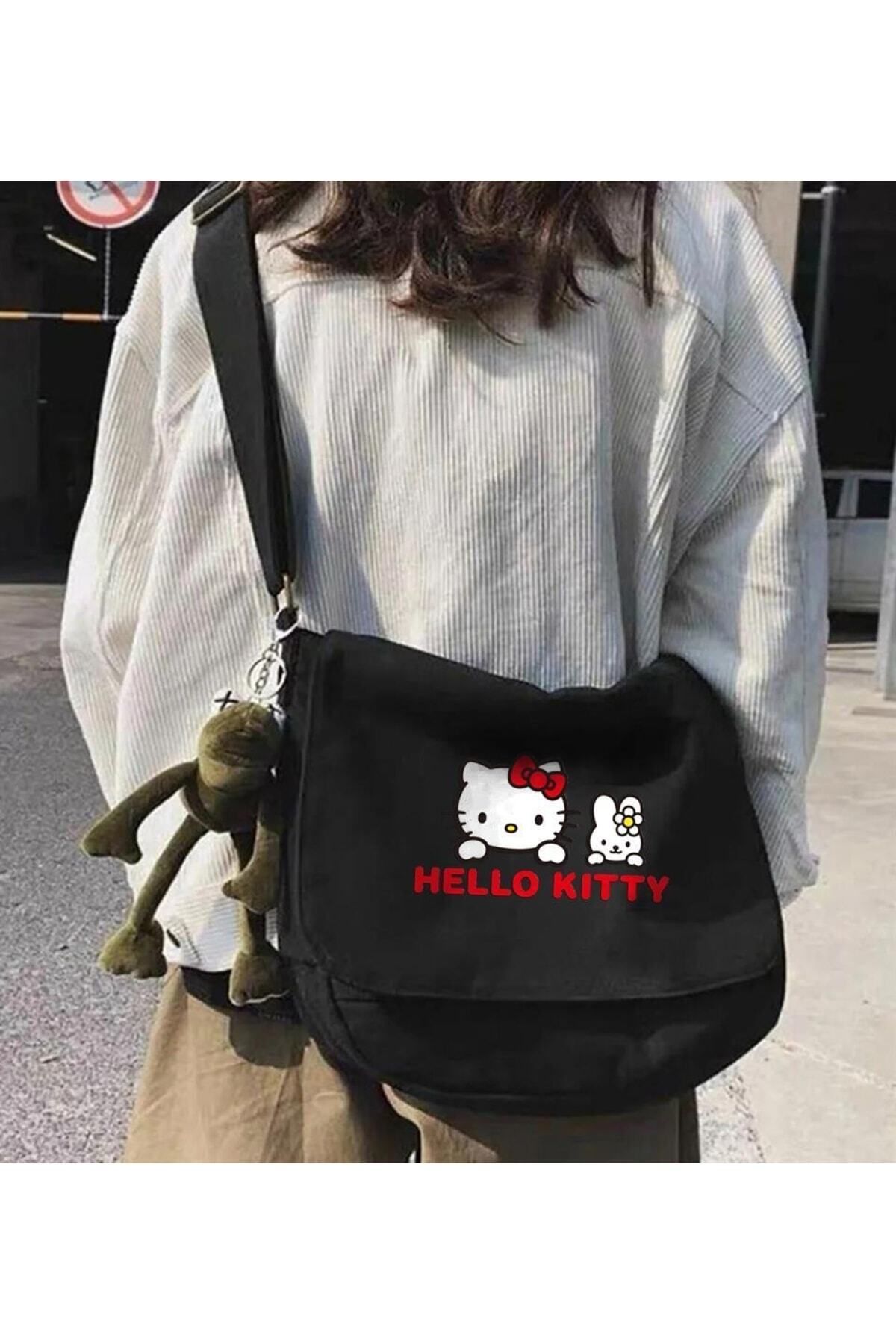 Toum Hello Kitty Baskılı Unisex Siyah Postacı Çantası