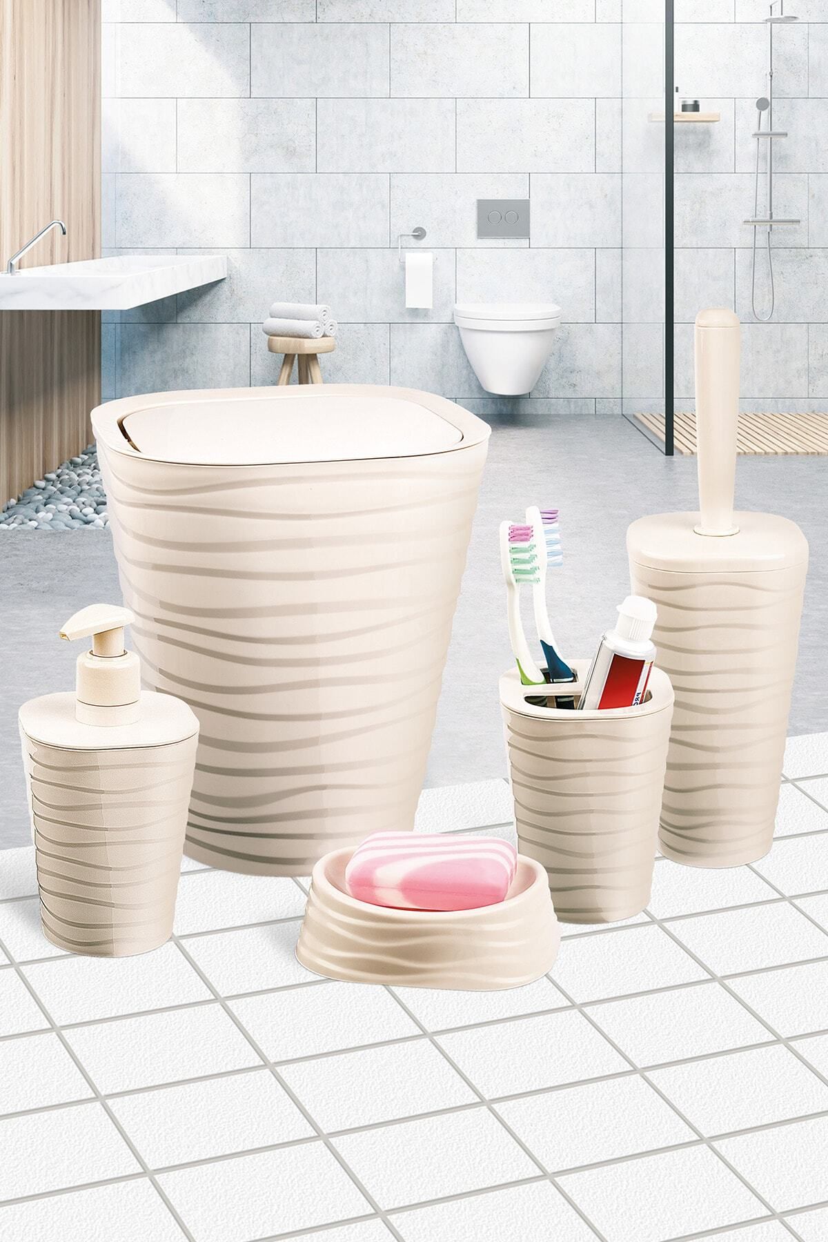 FULLTREND Pandora Banyo Seti 5'li-bej 5 Parça Çöp Kovası Tuvalet Fırçası 2 Sabunluk Diş Fırçalık