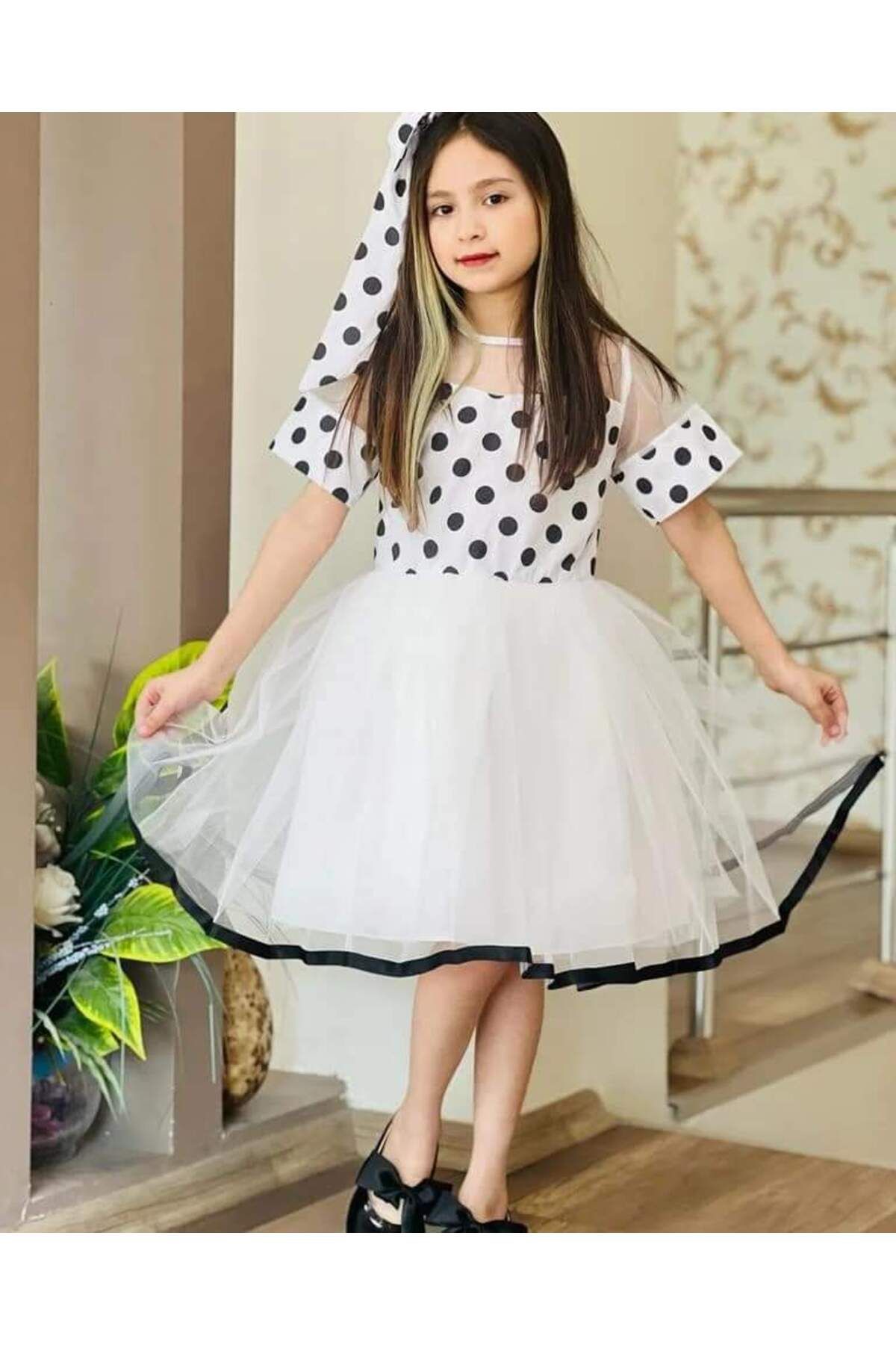 Kokosh Kız çocuk puantiye deseli elbise ve toka seti