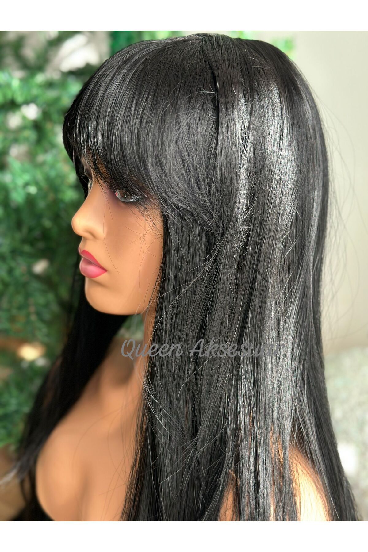 QUEEN AKSESUAR İthal lüks fiber ısıya dayanıklı düz uzun kahküllü saç kadın peruğu postiş peruk siyah 2