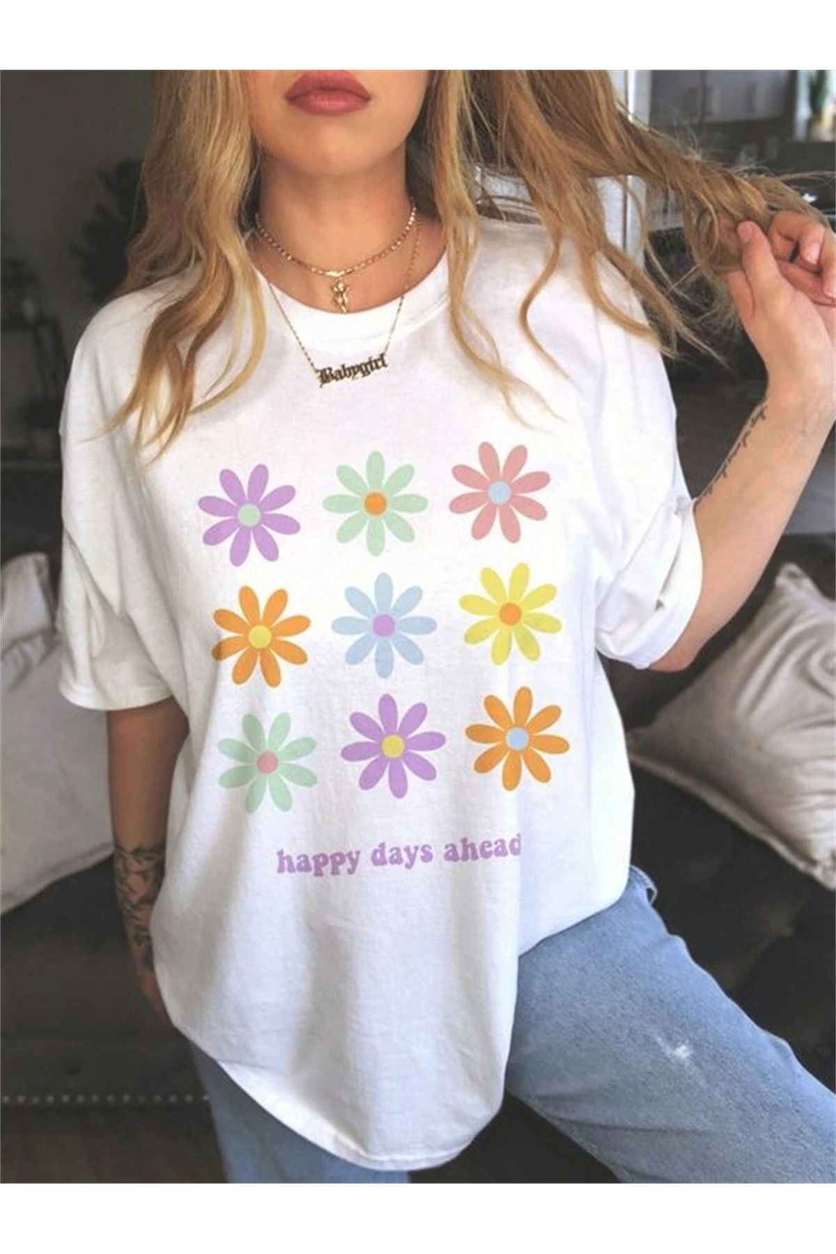 Sweetline Happy Days Flowers Süprem T-Shirt - Beyaz Baskılı Oversize Bisiklet Yaka Tişört