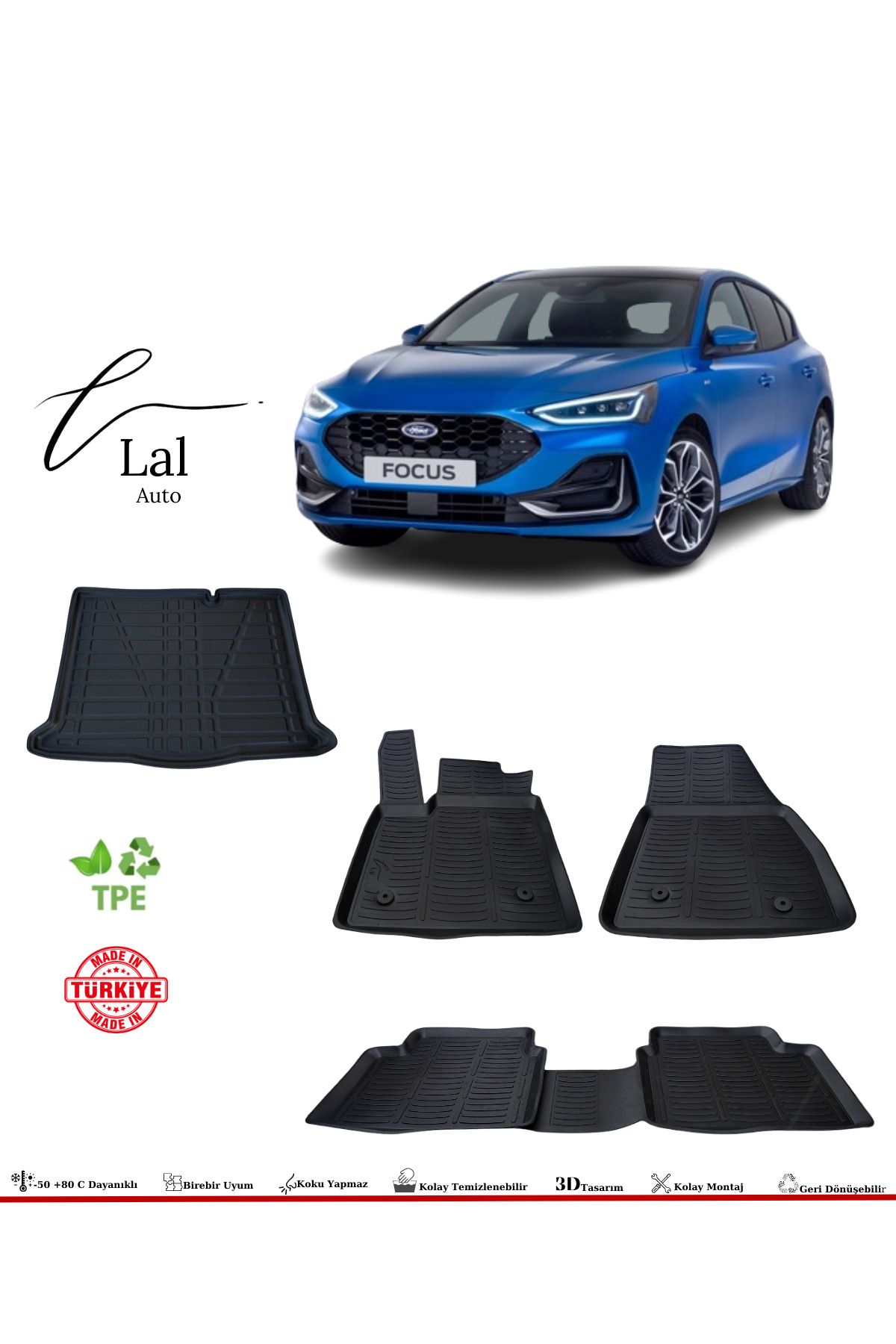 Lal Ford Focus 5 Hatchback 2019+ İnce Stepne 3D Havuzlu Paspas Bagaj Havuzu Seti