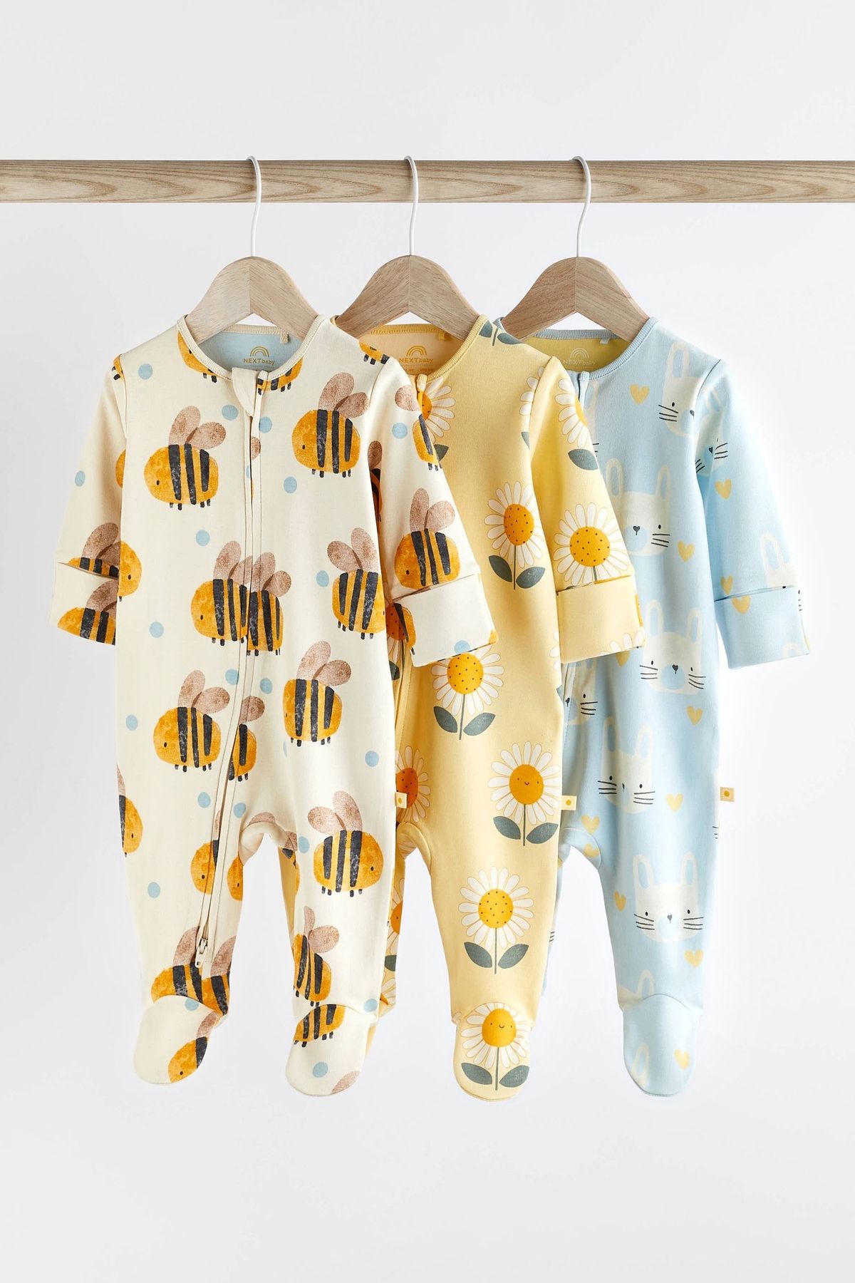 Next Baby Pamuklu Sarı Arı Desenli Çift Fermuarlı 3’lü Tulum Set
