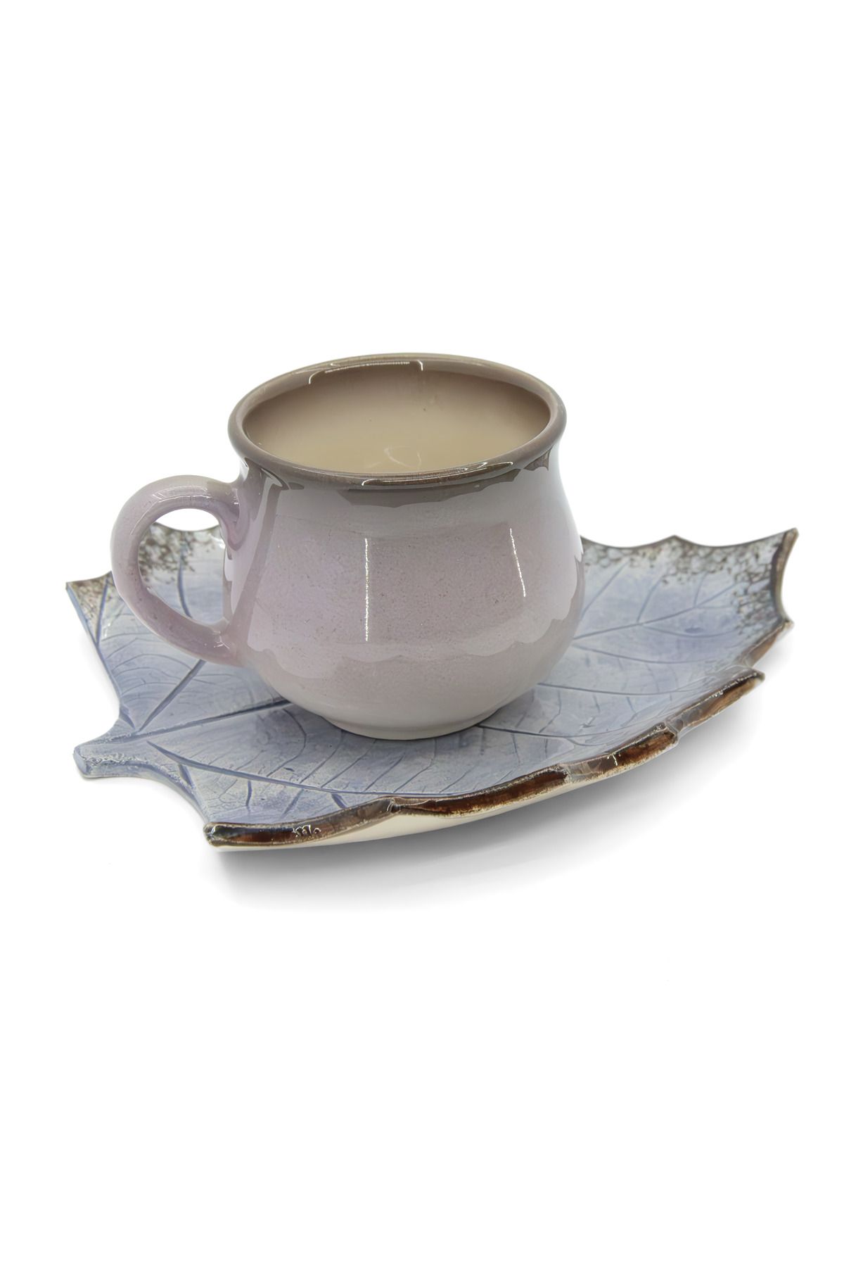 Loomart Dekoratif Dut Yaprak Tasarımlı El Yapımı Seramik Tek Kişilik Kahve Fincanı Seti - Lila