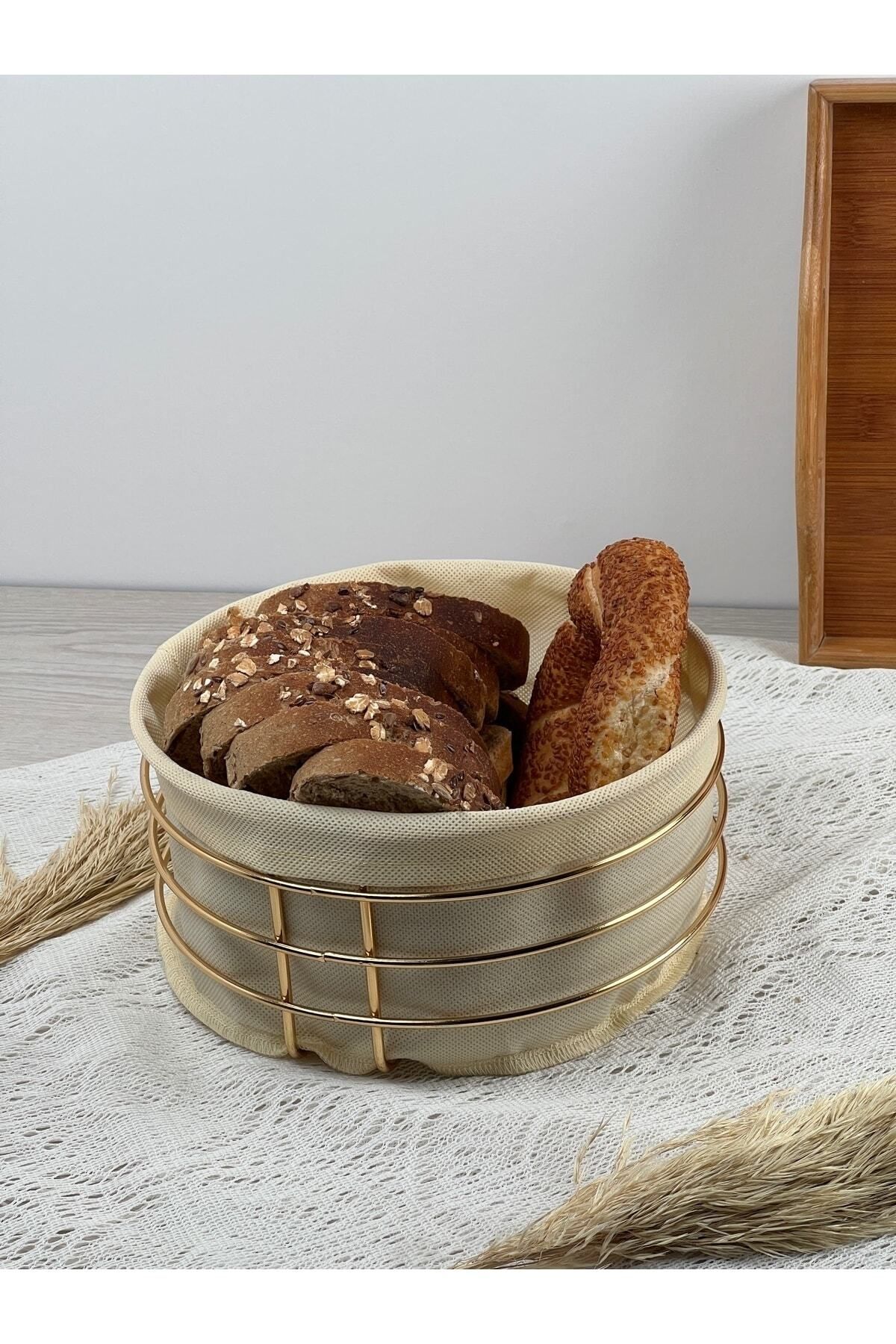 Homesea Yuvarlak Ekmeklik Ekmek Sepeti Çok Amaçlı Gold Paslanmaz Sepet Krem Kumaş