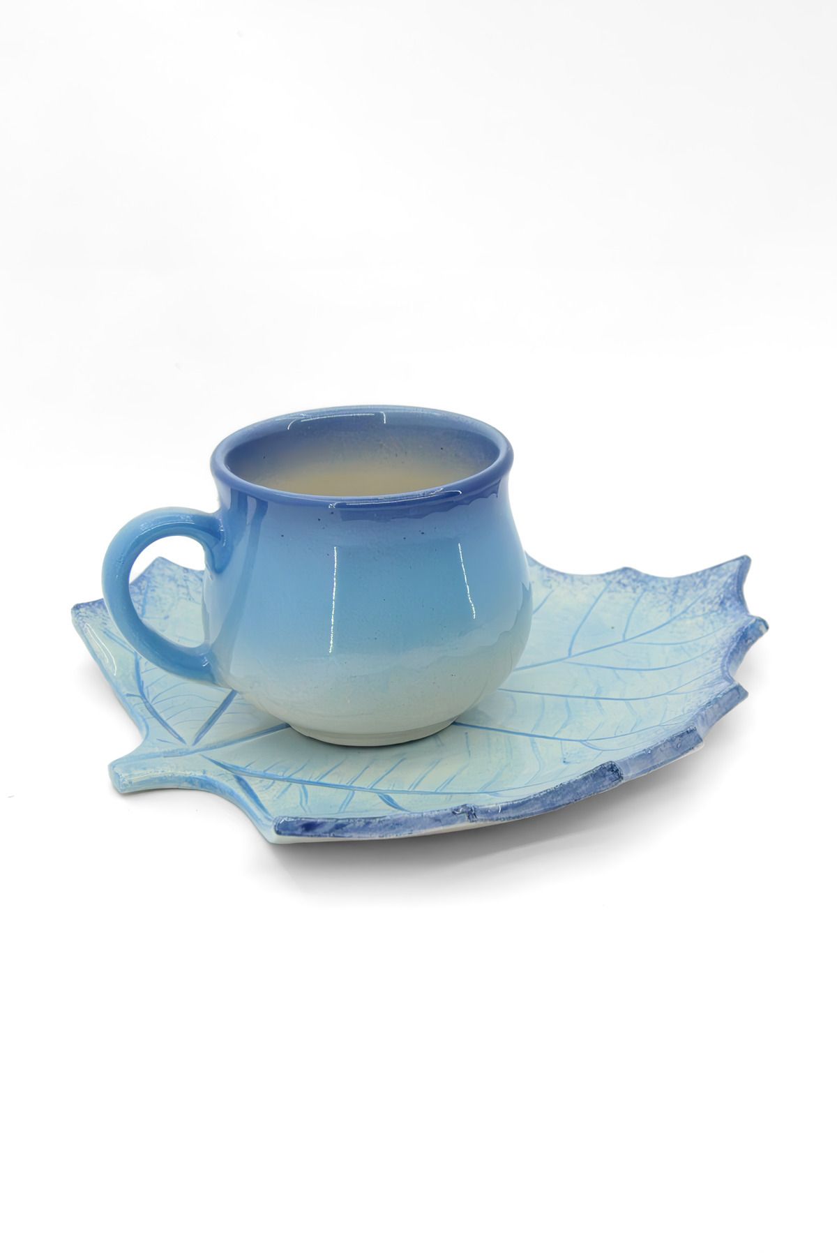 Loomart Dekoratif Dut Yaprak Tasarımlı El Yapımı Seramik Tek Kişilik Kahve Fincanı Seti - Mavi