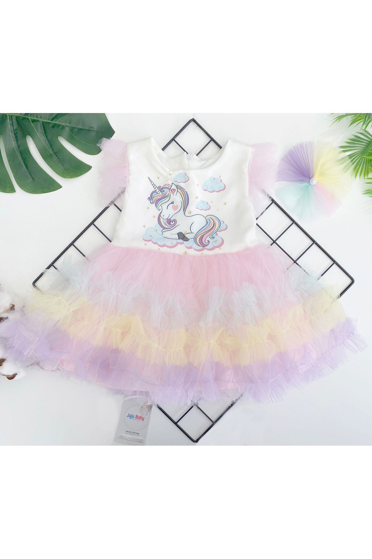 Jaju Baby Kız Çocuk Renkli Tütü Etekli Unicorn Desenli Elbise Ve Toka