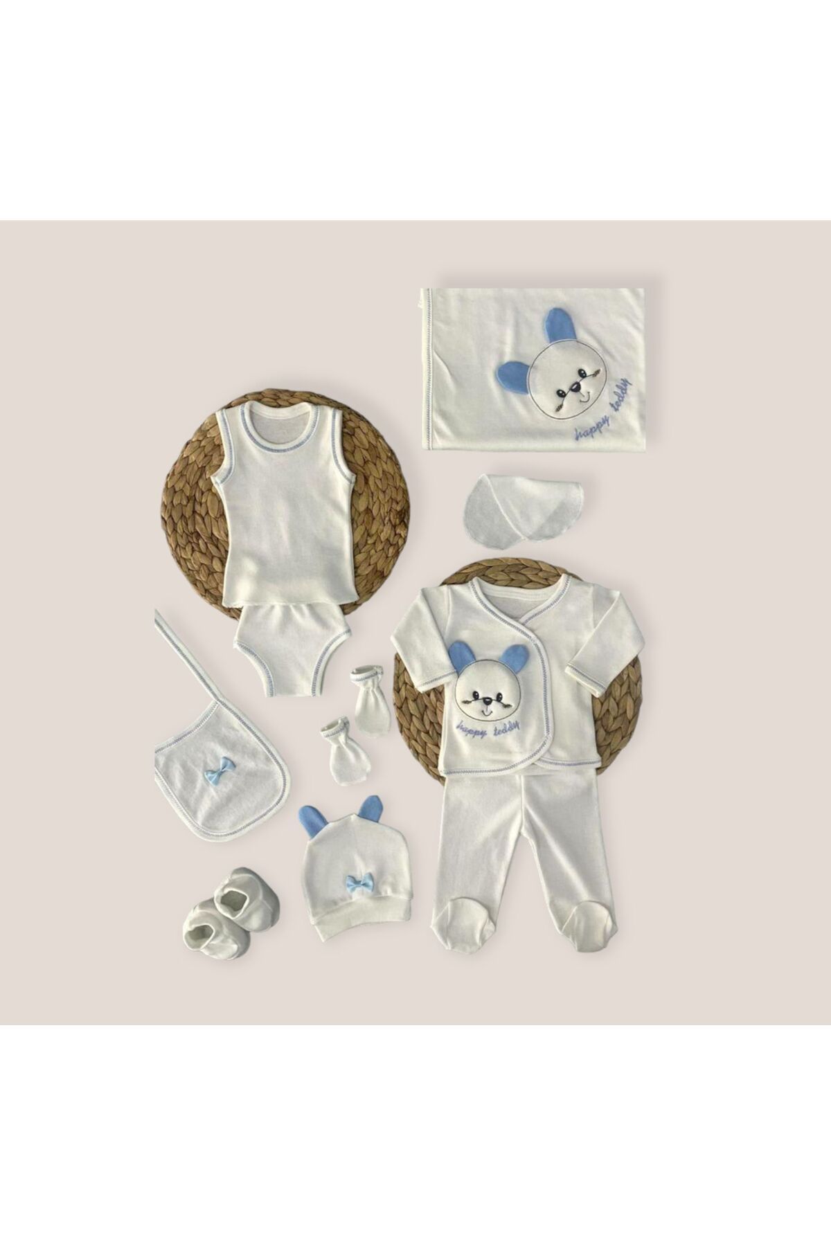 Ponpon Baby Mavi Ayıcık Nakışlı 10 Parça Hastane Çıkış Seti Erkek Bebek
