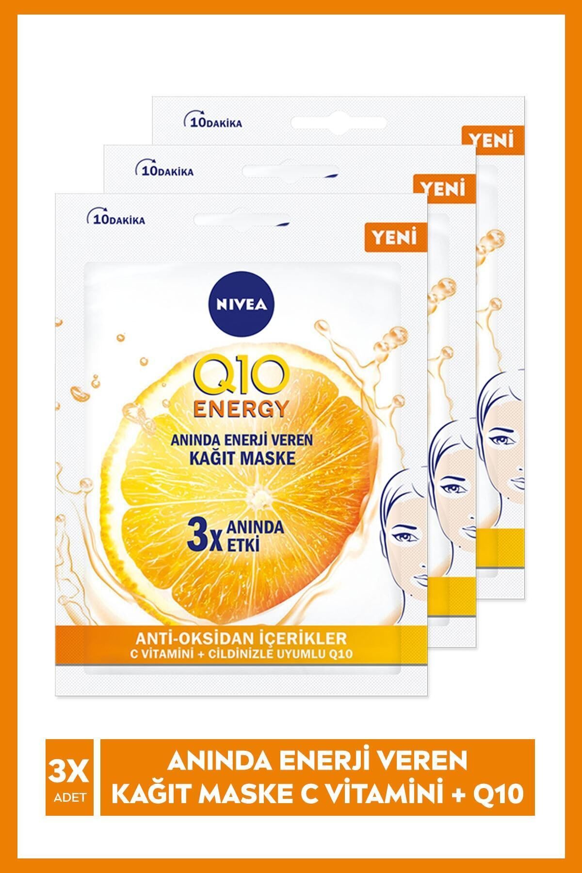 NIVEA Q10 Energy C Vitamini ve Anti Oksidan içeren Kağıt Yüz Maskesi x3 Adet, Nemlendirici, Anında Etkili