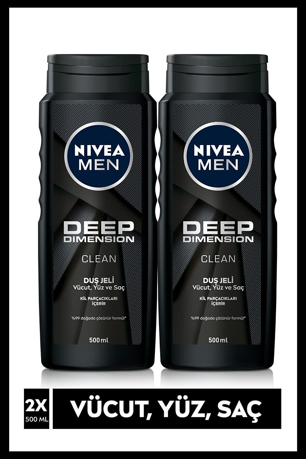 NIVEA MEN Erkek Duş Jeli, Deep Dimension 500 mlx2Adet, Vücut,Yüz,Saç için Temizleme ve Bakım