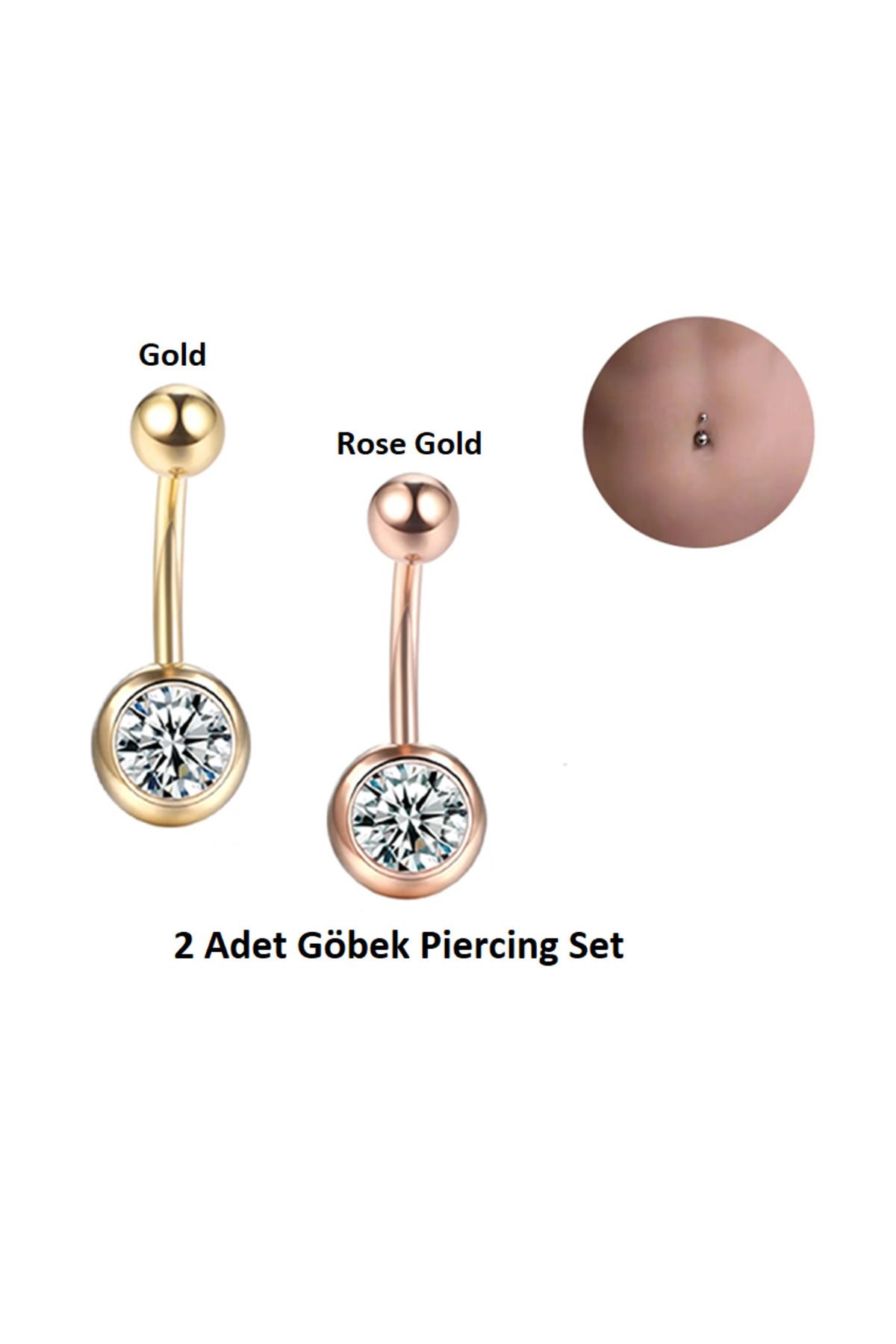 Öte Beri Öteberi 316l Cerrahi Çelik Antiallerjik Göbek Piercing Toplu Zirkon Taşlı Gold, Rose 2 Adet Set