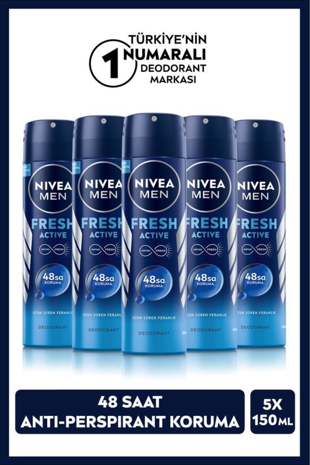 NIVEA Men Erkek Sprey Deodorant Fresh Active 150 Mlx5adet,48 Saat Deodorant Koruması