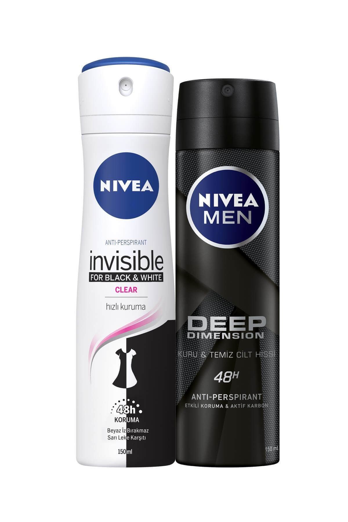 NIVEA Black&White Clear Kadın Deodorant Sprey 150 Ml+Deep Dimension Erkek Deodorant 150 Ml 2'li Paket