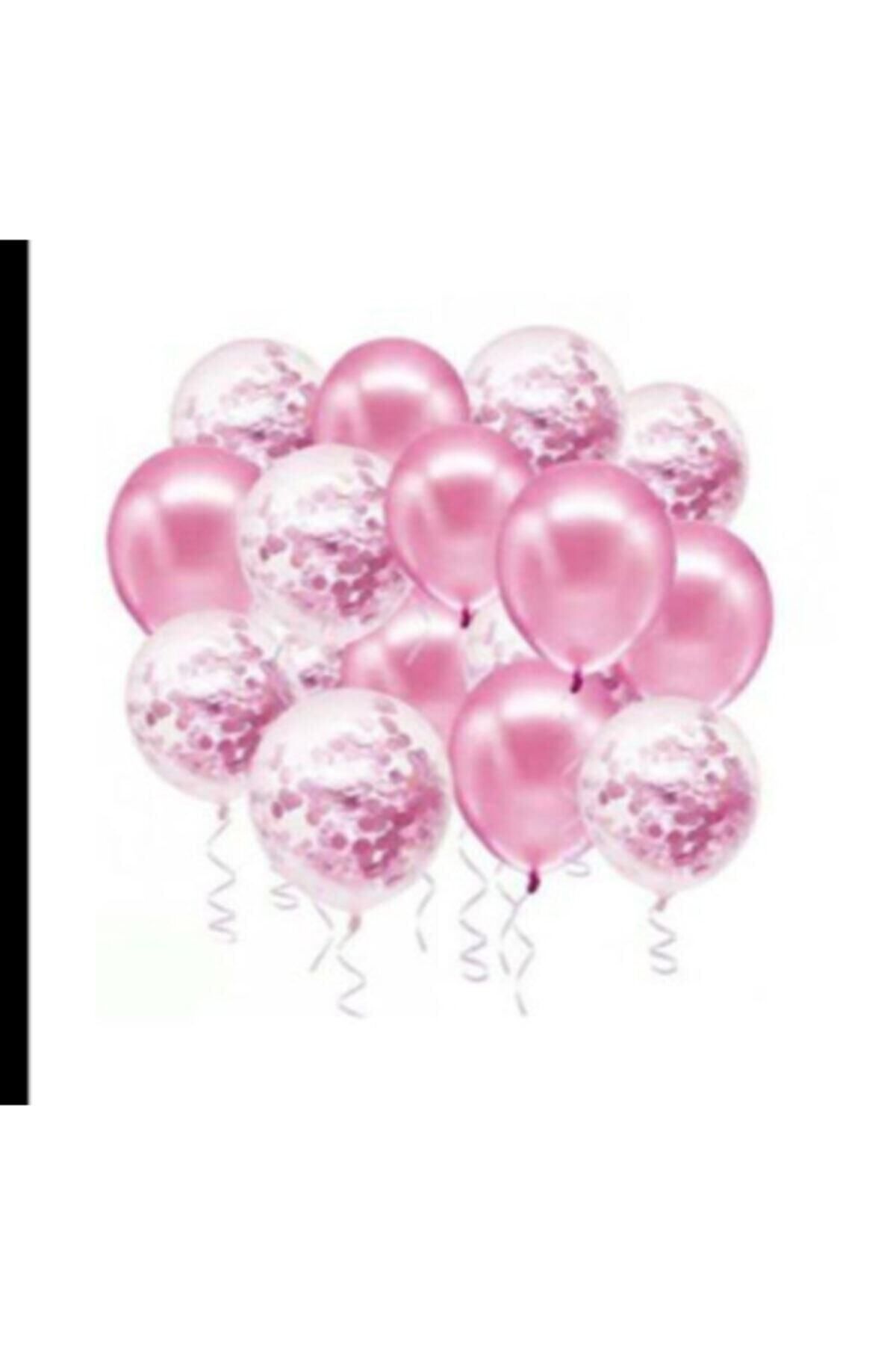 Deniz Party Store Pembe Konfetili Şeffaf Balon Metalik Pembe Balon Seti 20 Adet