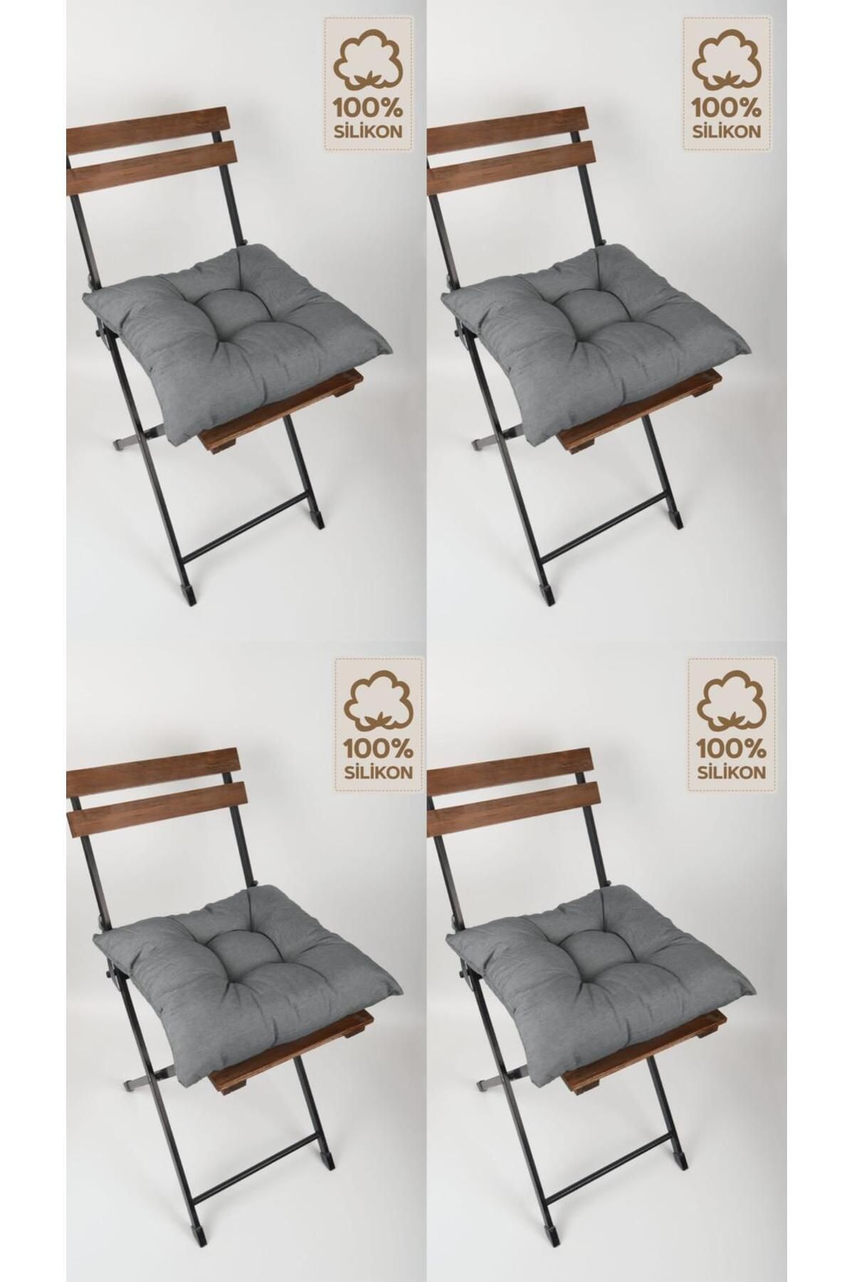ElginHomeCollection 4'lü Dekoratif Pofidik Sandalye Minderi Bağcıklı Gri 40x40