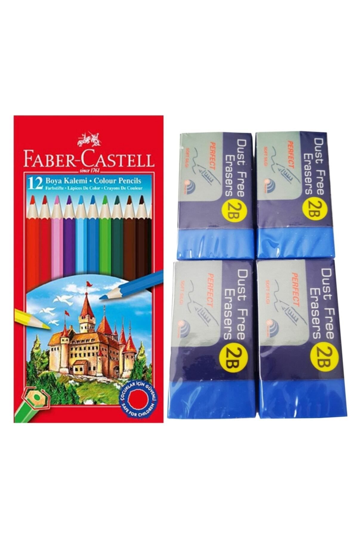 Faber Castell Tam Boy 12 Renk Kuru Boya Kalemi Fc & 4 Adet Perfect Mavi Sınav Silgisi