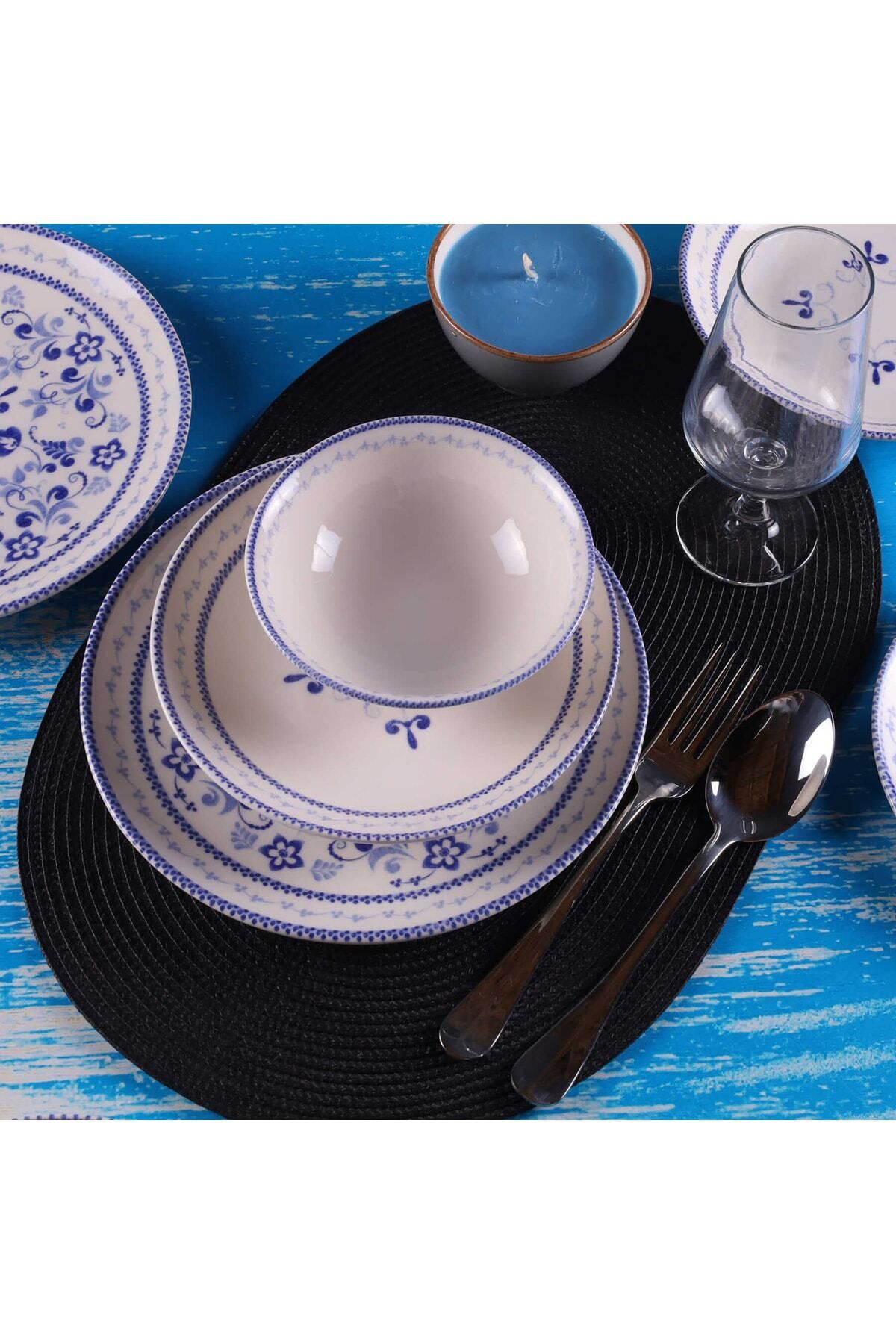 Tulü Porselen Blue Blanc 24 Parça 6 Kişilik Günlük Yemek Takımı Mavi Krem Klasik Db0775