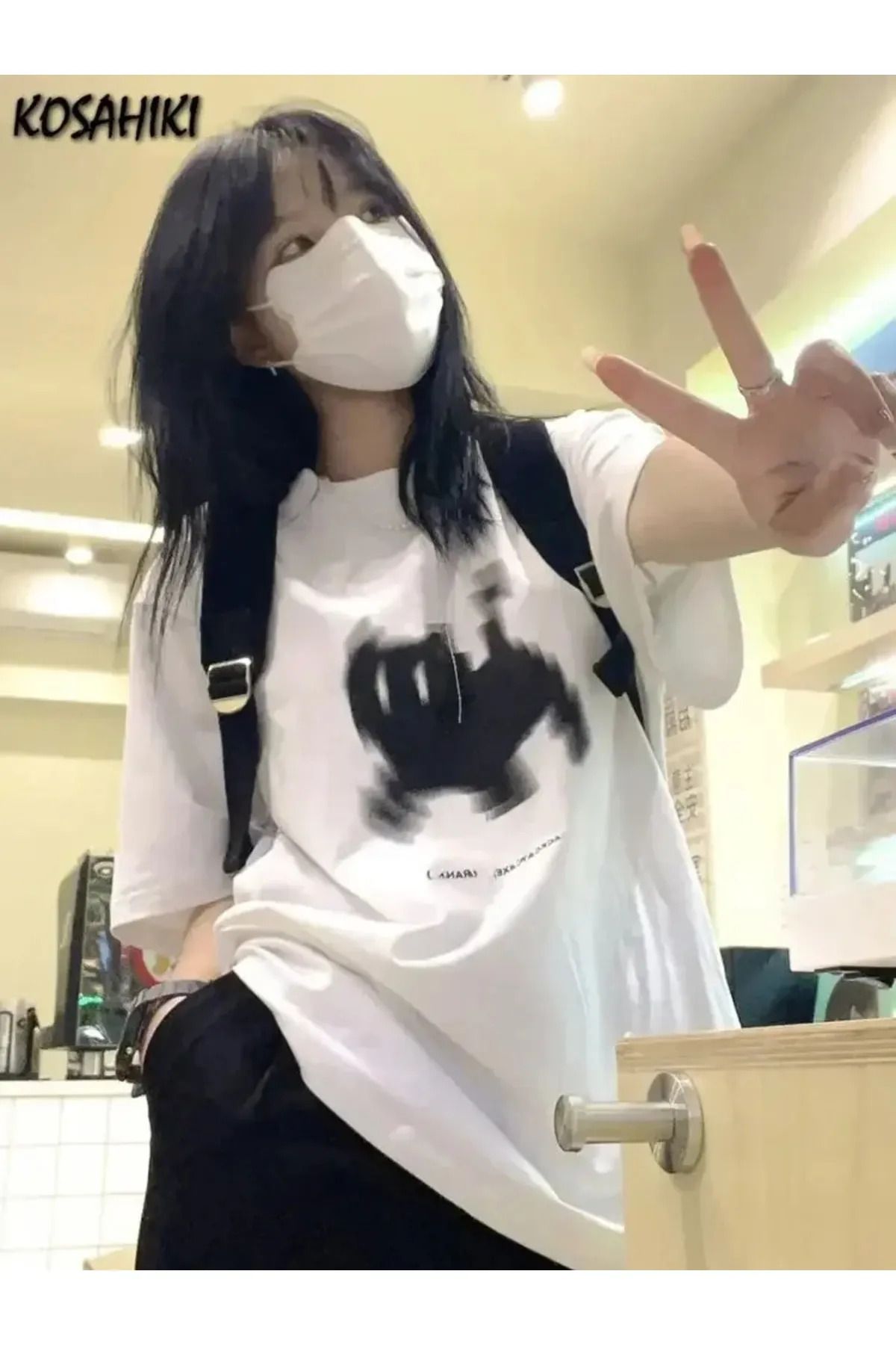 Gofeel Harajuku Vintage Cute Cat Baskılı Oversize Unisex Siyah T-shirt