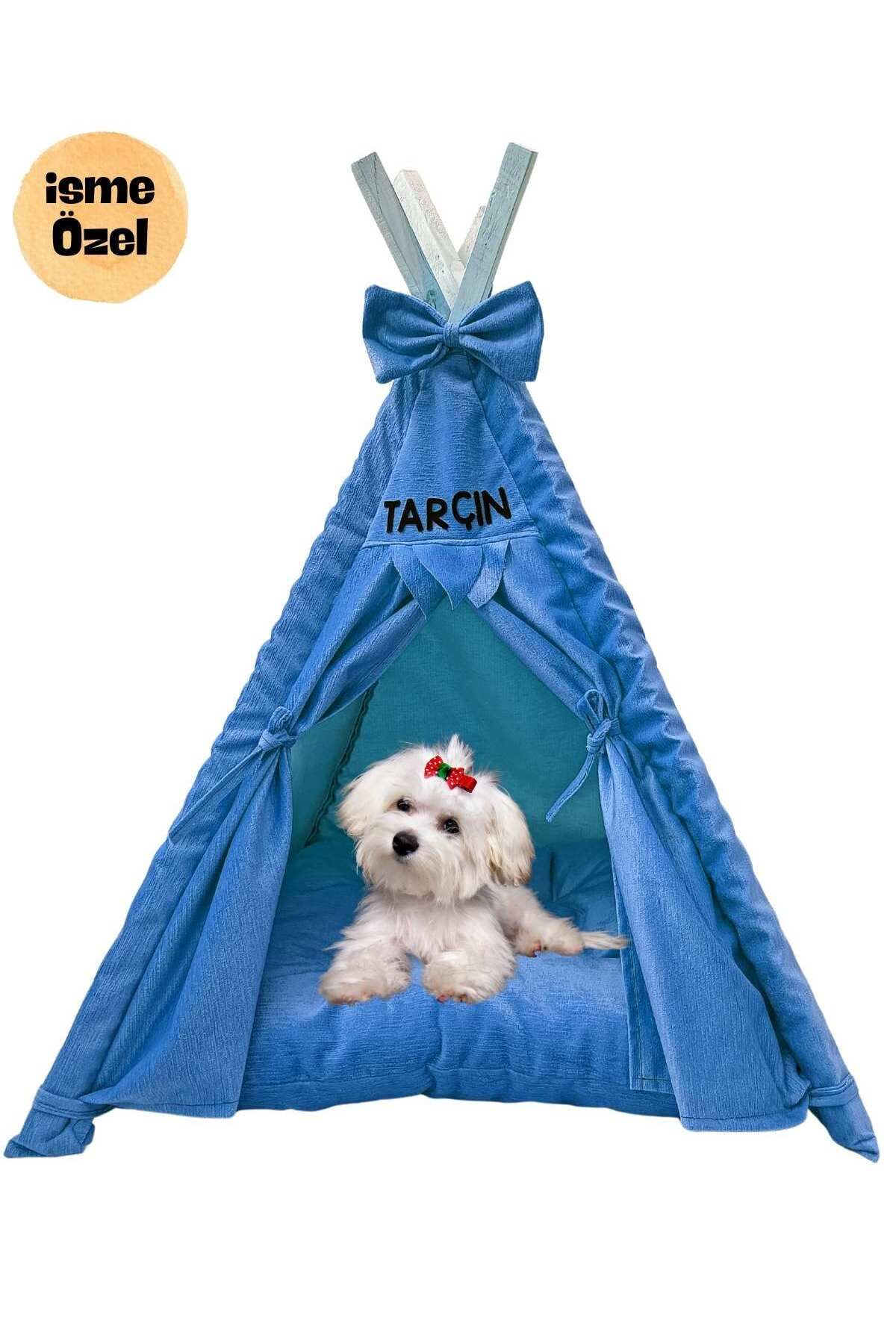 Mavi Vitrin İsme Özel Yıkanabilir Soft Kedi Ve Köpek Çadırı 60x63