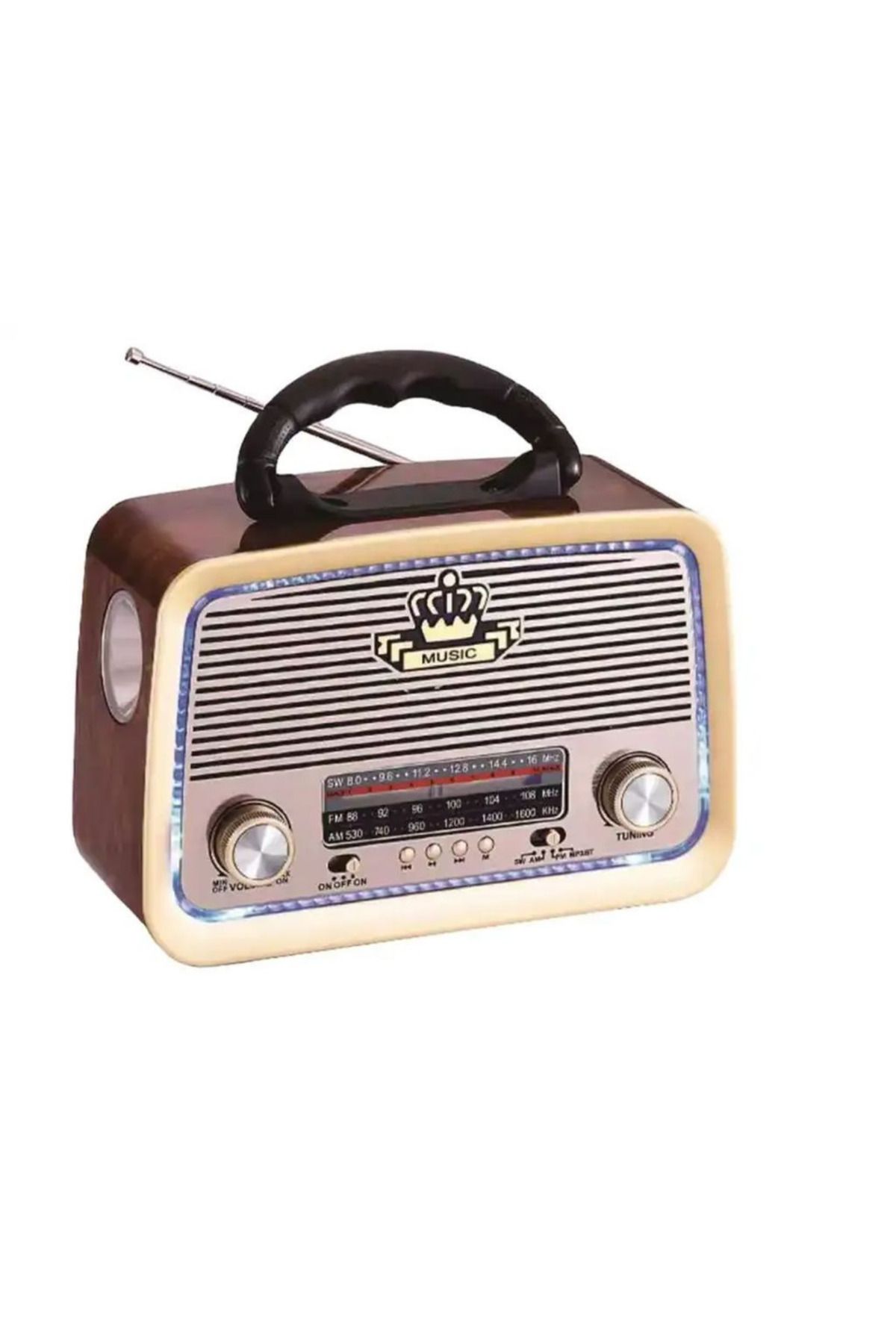 All Avcill 301 Şarjlı Nostaljik Görünümlü Fenerli Radyo Bluetoothlu Mp3 Çalar Radyo Müzik Kutusu Koyu Kahve