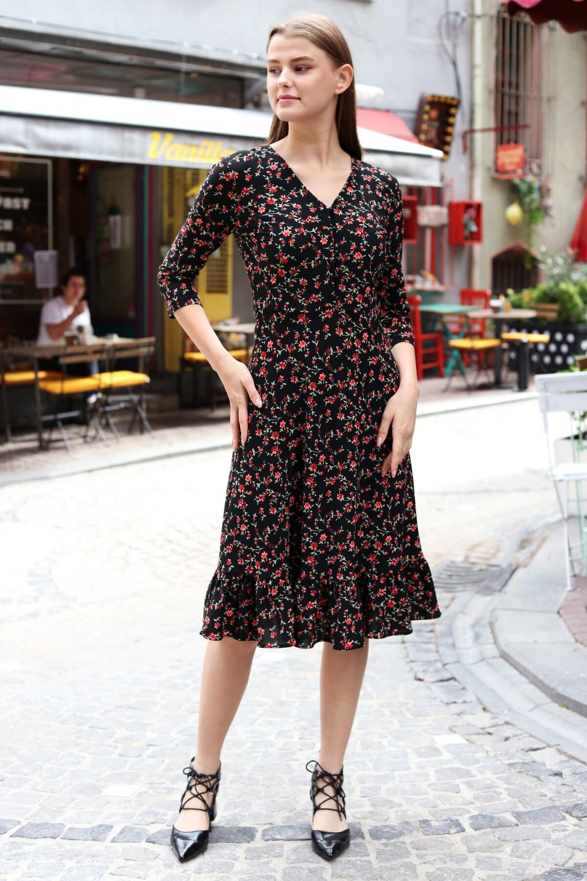 AVVER Kadın Düğme Detaylı Eteği Fırfırlı Elbise