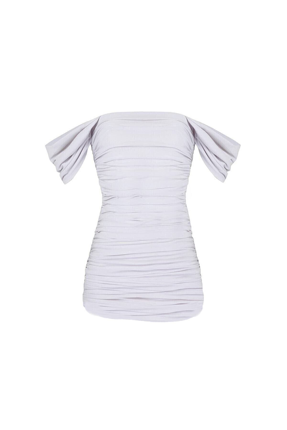 bysevensail Beyaz Degaje Kollu Drapeli Mini Elbise