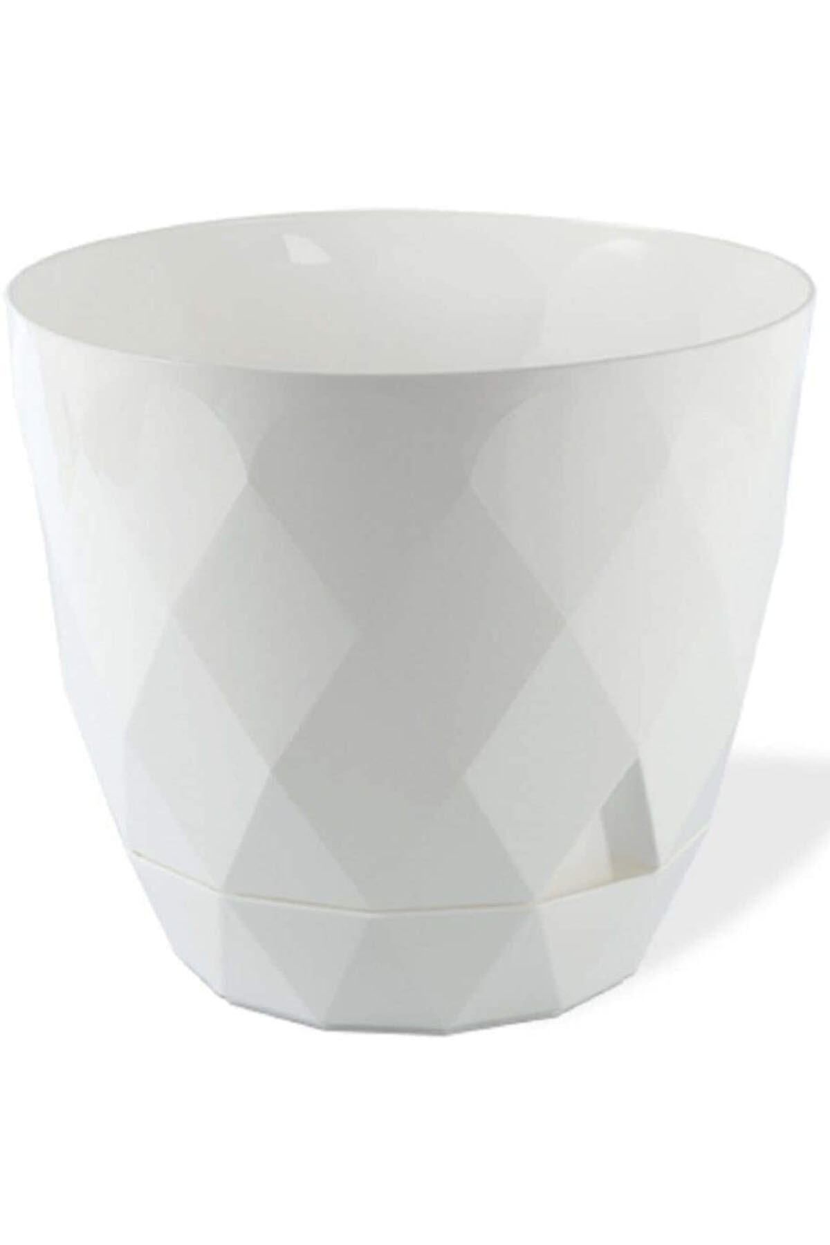 ToXA Geometrik Desenli Tabaklı 17,5x15,3 cm 2.4 lt No 3 Orta Boy Dekoratif Plastik Saksı Beyaz