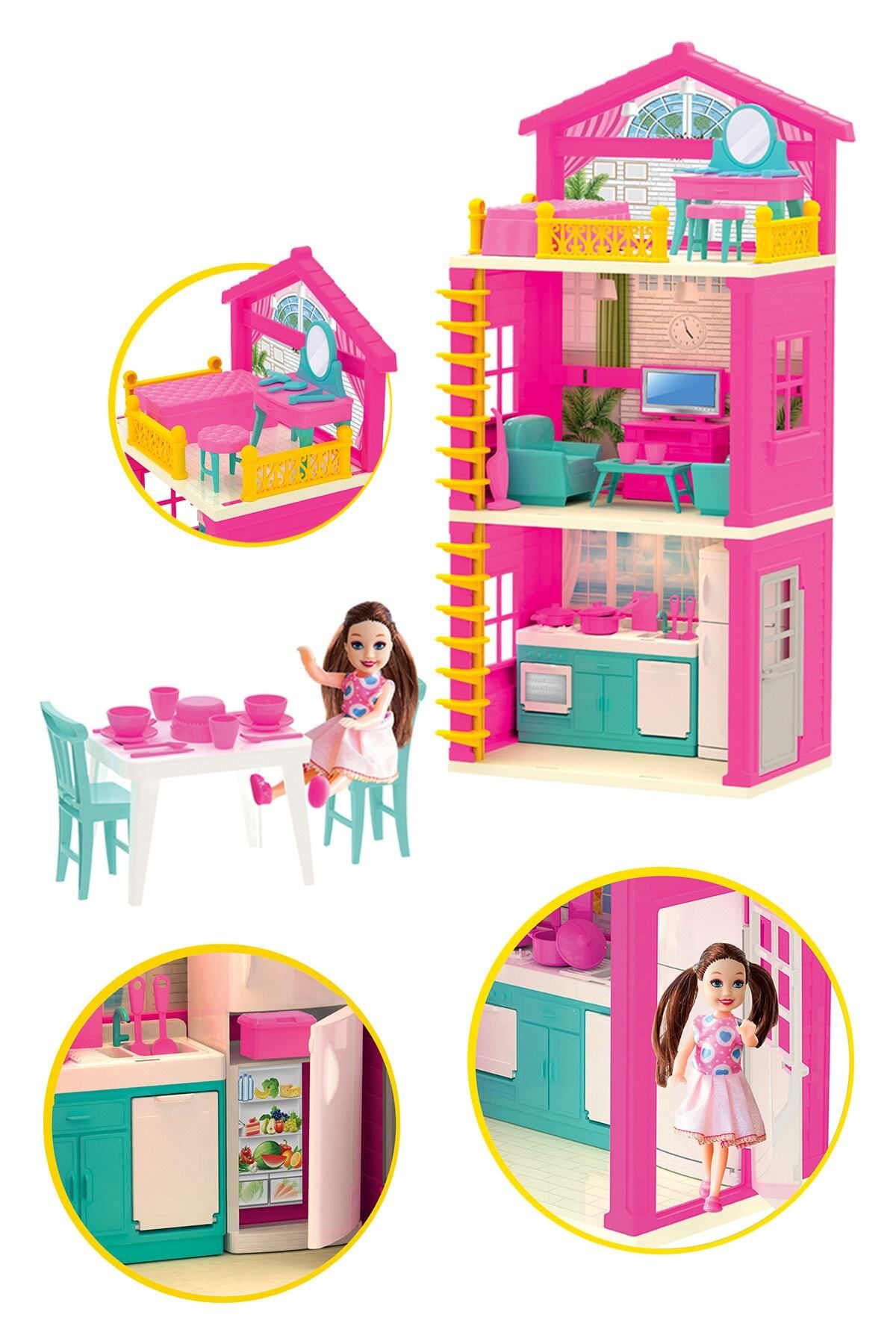 ToXA Lola'nın 3 Katlı Evi Salon Mutfak Yatak Odası Barbie Chelsea Bebek Oyun Ev Seti Evcilik Set 03662
