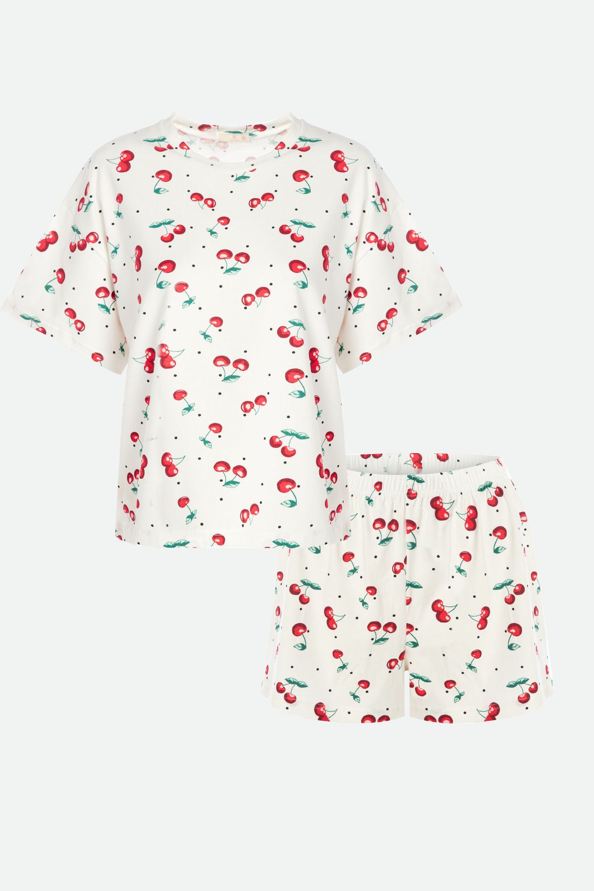 koza iç giyim Kadın Kiraz Desenli Kısa Kollu Pamuklu Şortlu Pijama Takımı