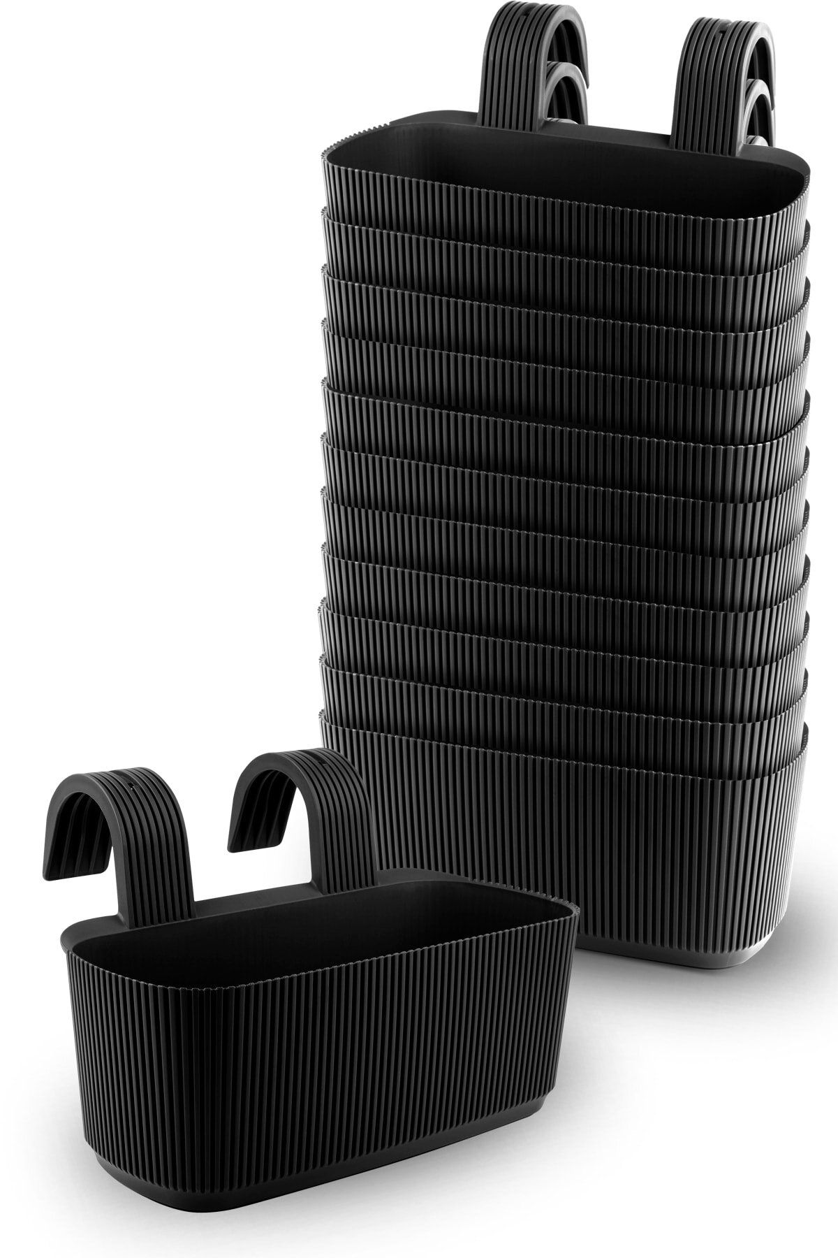 ToXA 12 Adet Pera Askılı Antrasit Siyah Saksı Seti Karasu Plastik Ayar Aparatlı Balkon Saksısı