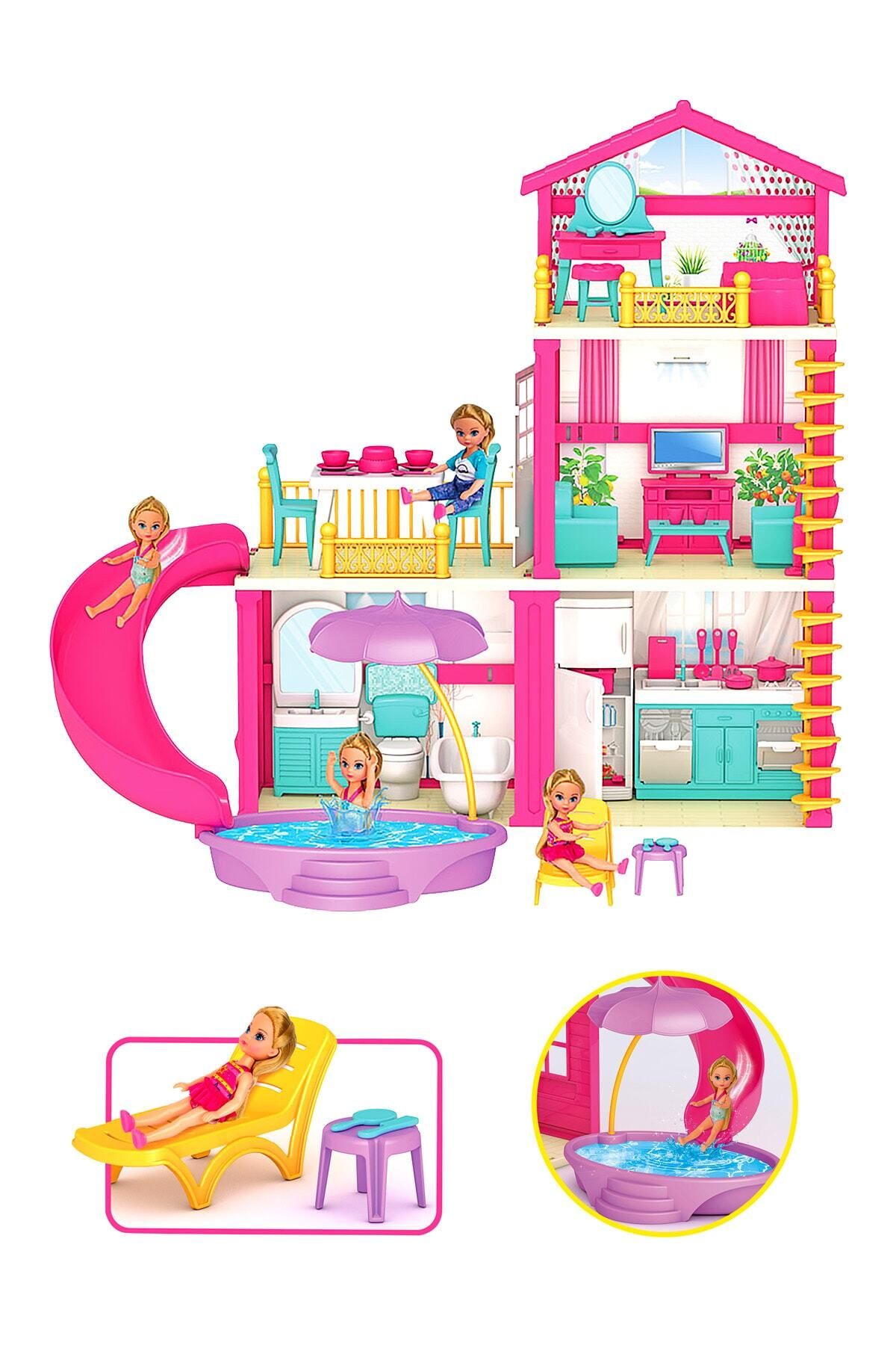 ToXA Lola'nın Tatil Evi 3 Katlı 4 Odalı Teraslı Su Kaydıraklı Barbie Bebek Evi Oyuncak Ev Seti 03742