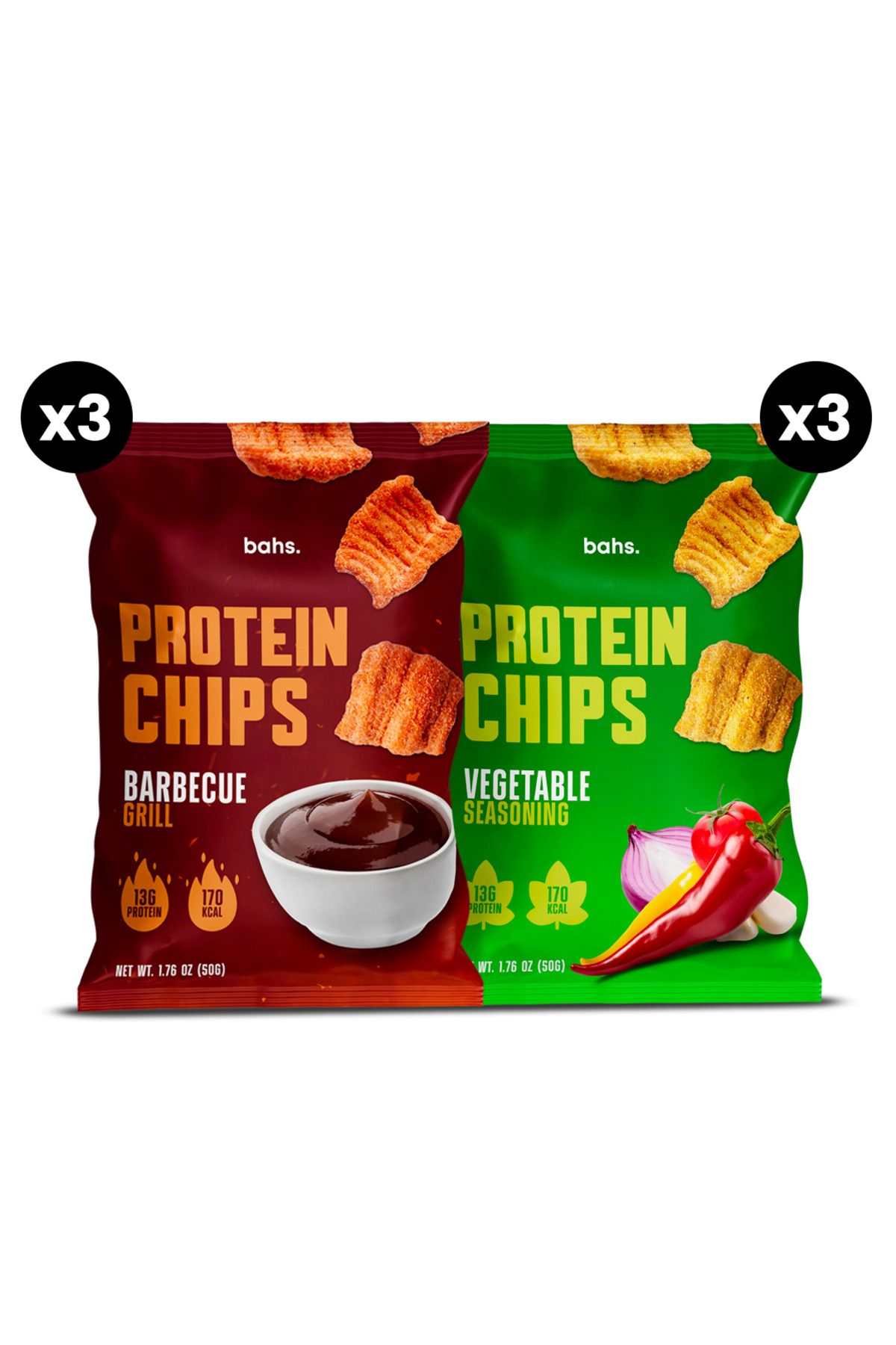 Bahs Protein Chips Deneme Paketi - x3 Barbecue Grill & x3 Vegetable Seasoning