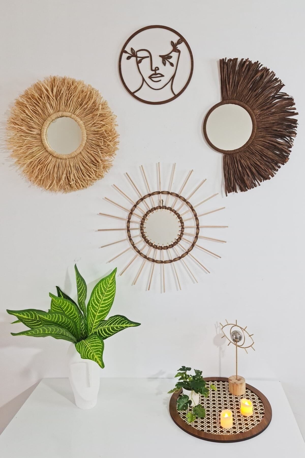 Bubihome Kahverengi Rafya & Bambu Ayna & Bohem Pano 4'lü Set