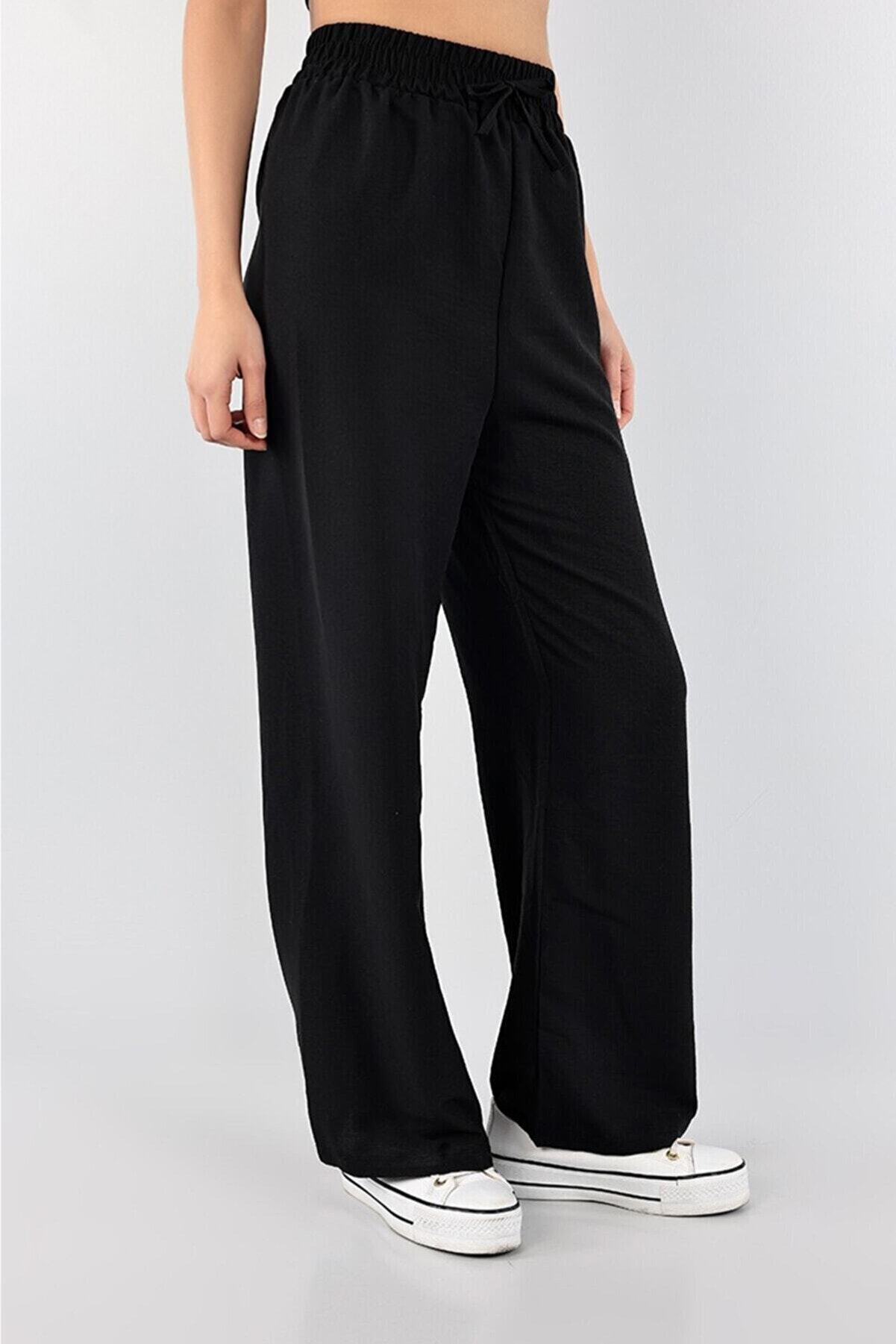 Belifanti Collection Kadın Geniş Bol Paça Beli Lastikli Salaş Aerobin Pantolon Siyah