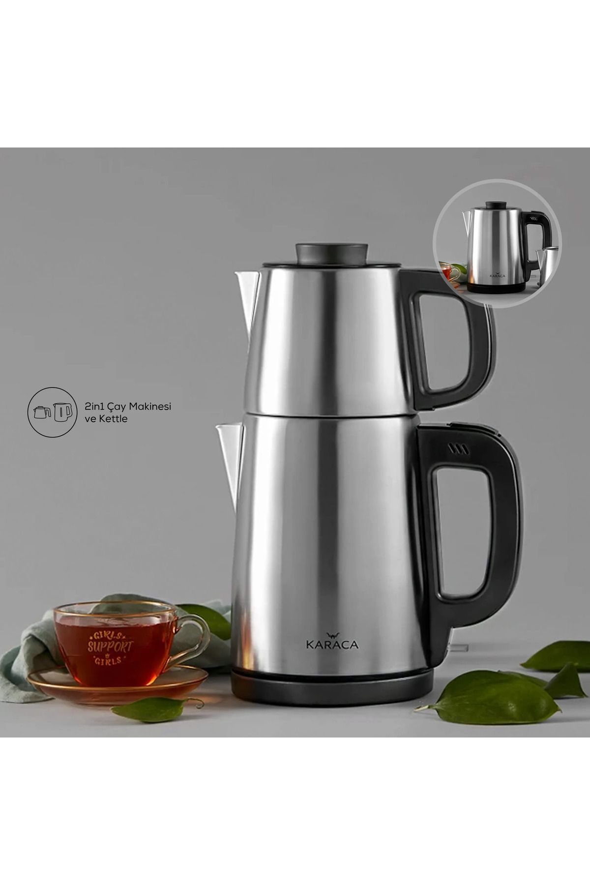 Karaca 2 In 1 Çelik Su Isıtıcı Çay Makinesi Inox Aile Boyu Geniş Kapasite