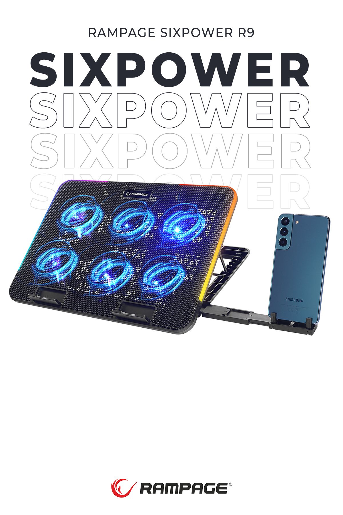Rampage SIXPOWER R9 6 Fan RGB Işıklı Telefon Uyumlu Tutuculu Usb Çoklayıcı Notebook Soğutucu Stand