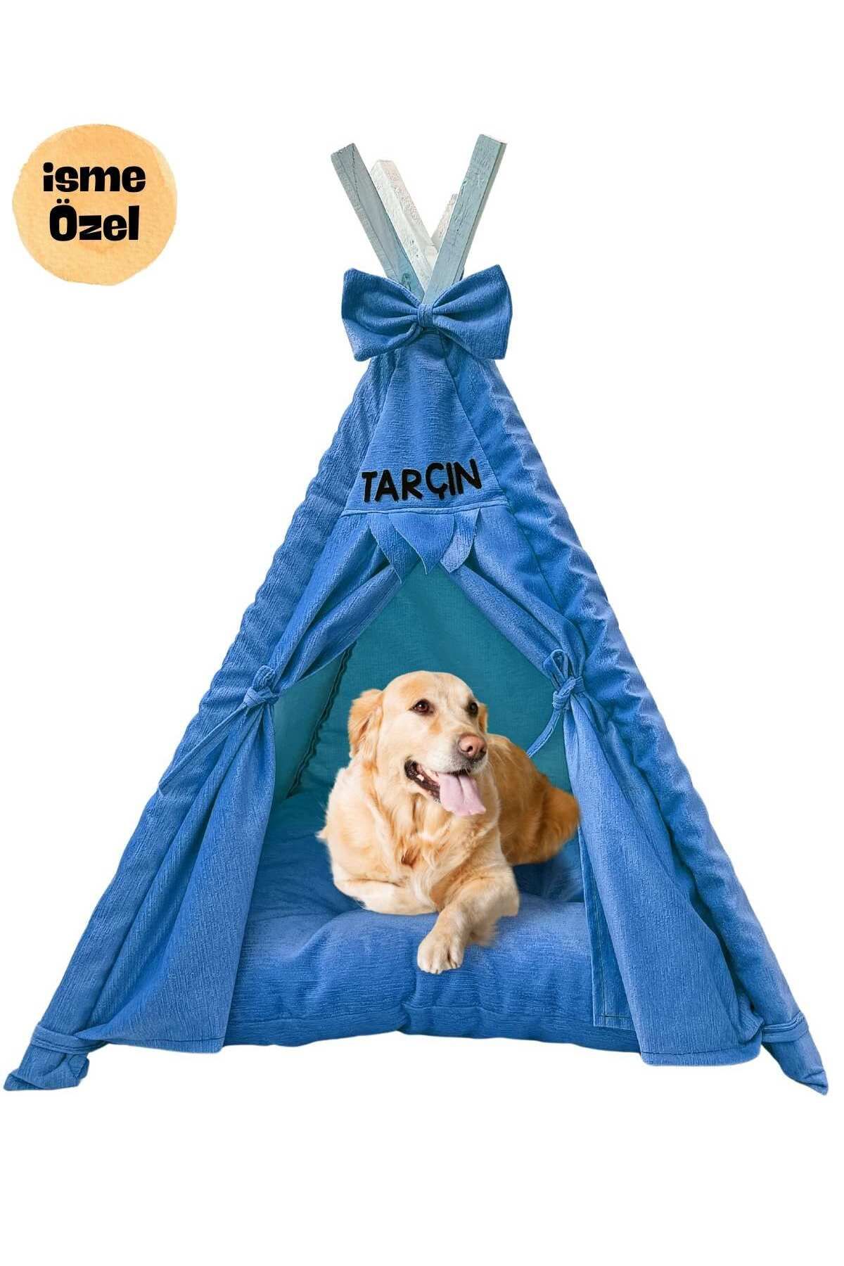 Mavi Vitrin İsme Özel Yıkanabilir Femurarlı Büyük Irk Köpek Çadırı 110x110 Cm