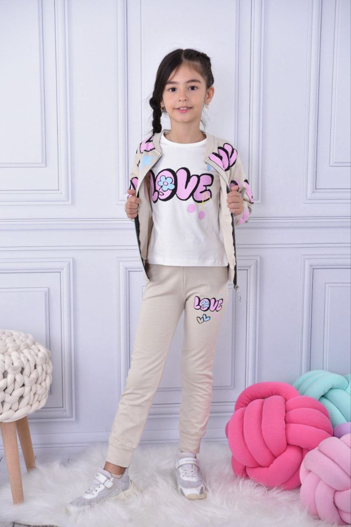 HARİKA KİDS Kız Çocuk Love Desen Montlu 3 Lü (uzun Kollu T-shirt-tayt-hırka) Takım Örme Basic Eşofman Takımı